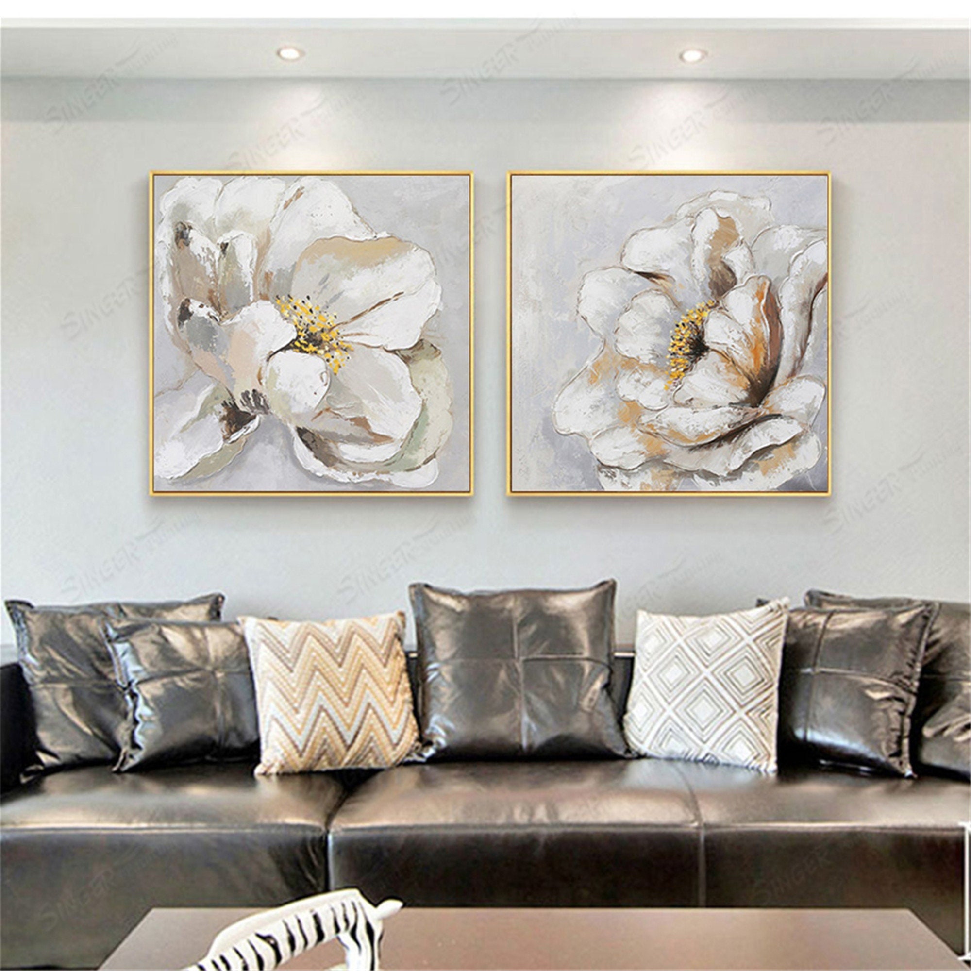 Pink Flower Wall Art Acrylic Painting on Canvas for Living Room