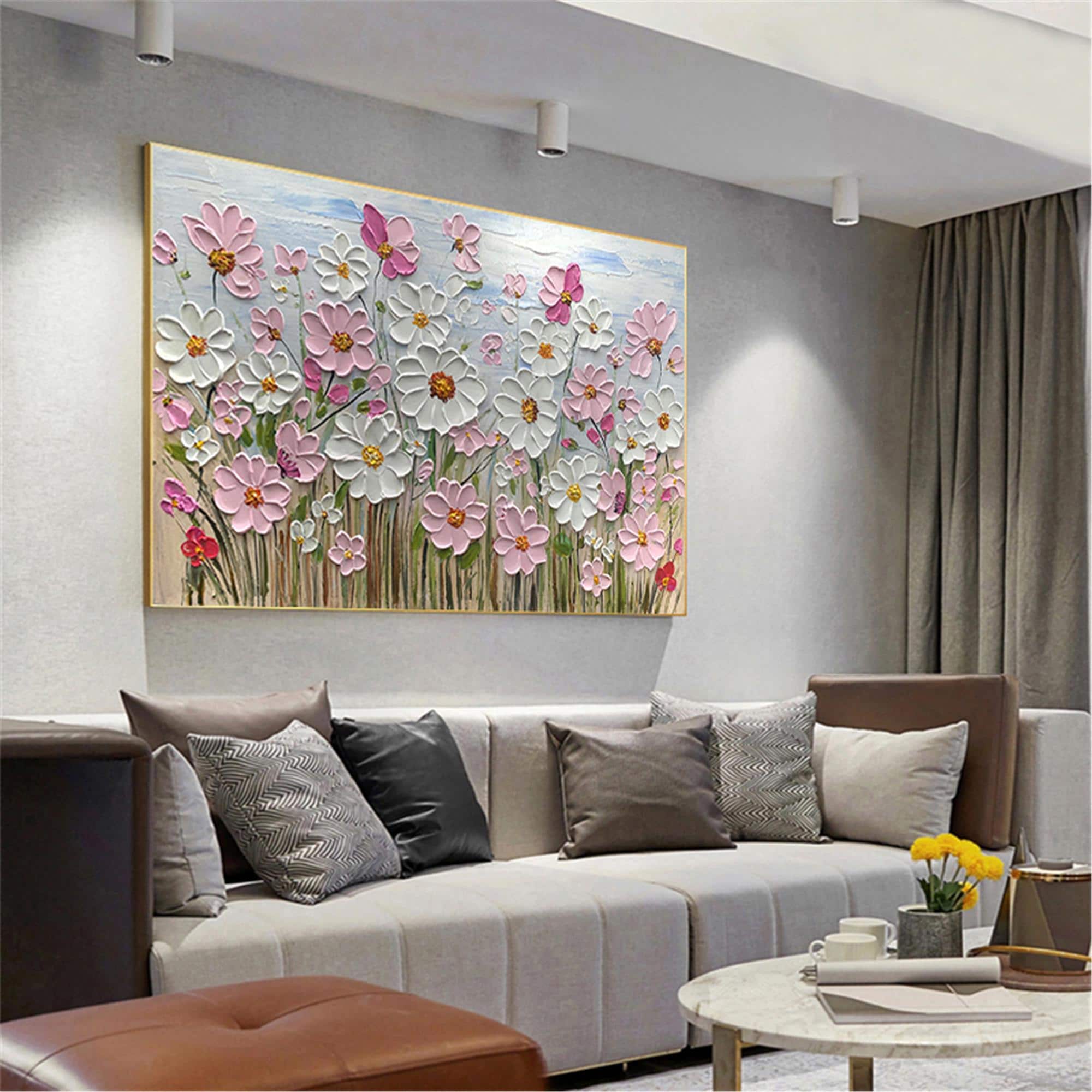 Large Textured Floral 3D Wall Art Palette Knife Flower oil Painting on Canvas personalized gift pink Modern Fancy Art Living Room wall decor