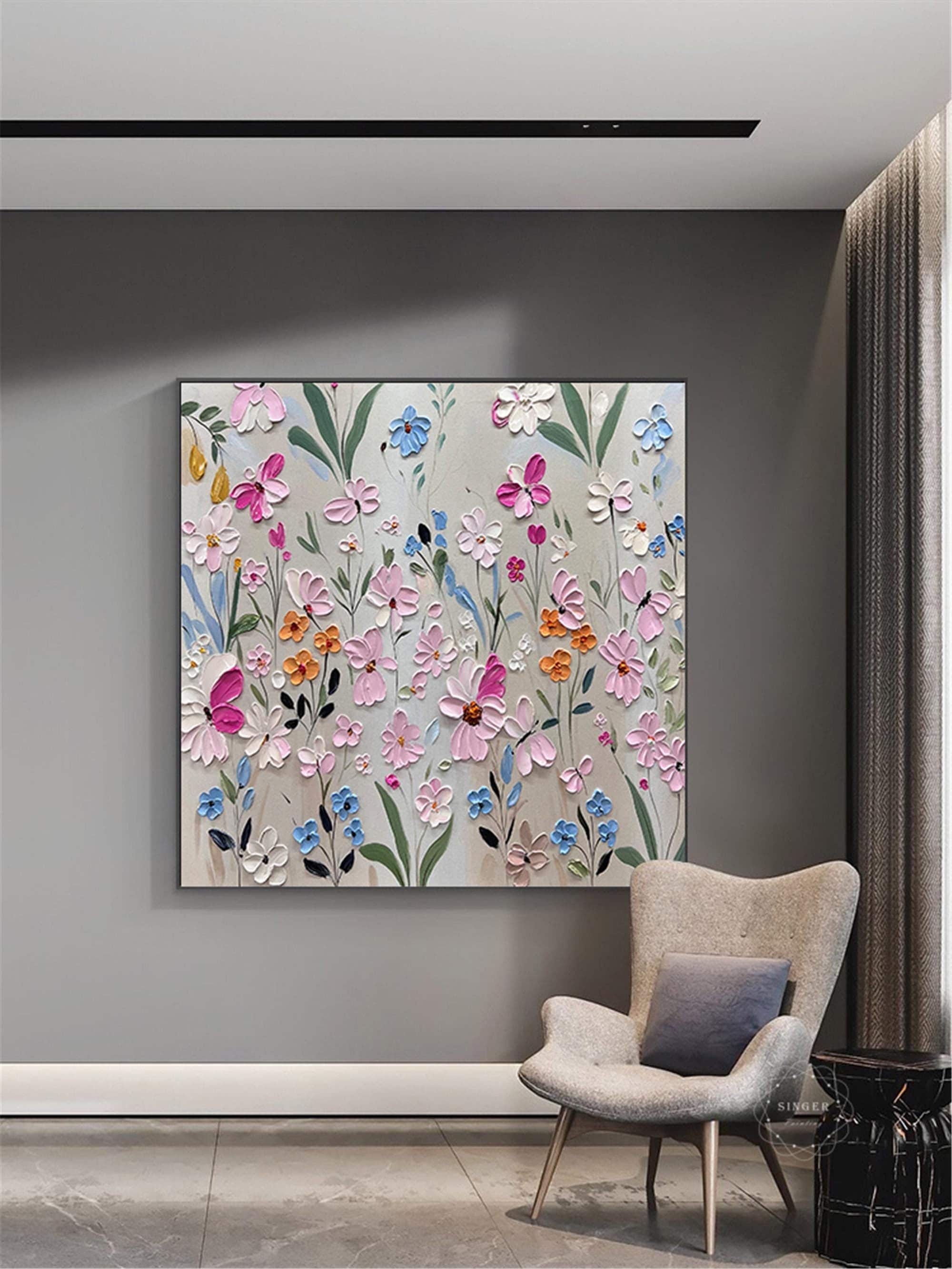 Pink Flower Wall Art Acrylic Painting on Canvas for Personalized Gift