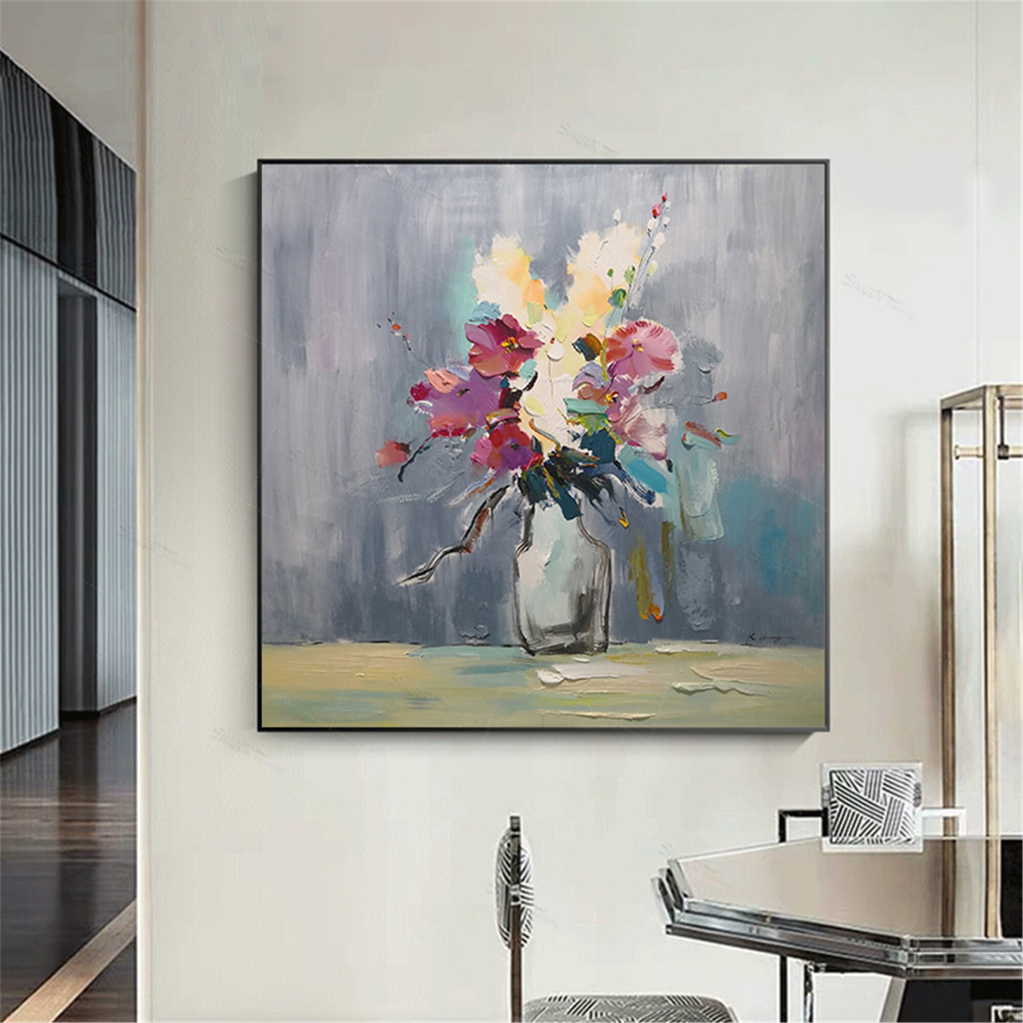 Pink flower abstract painting canvas wall art picture for Etsy