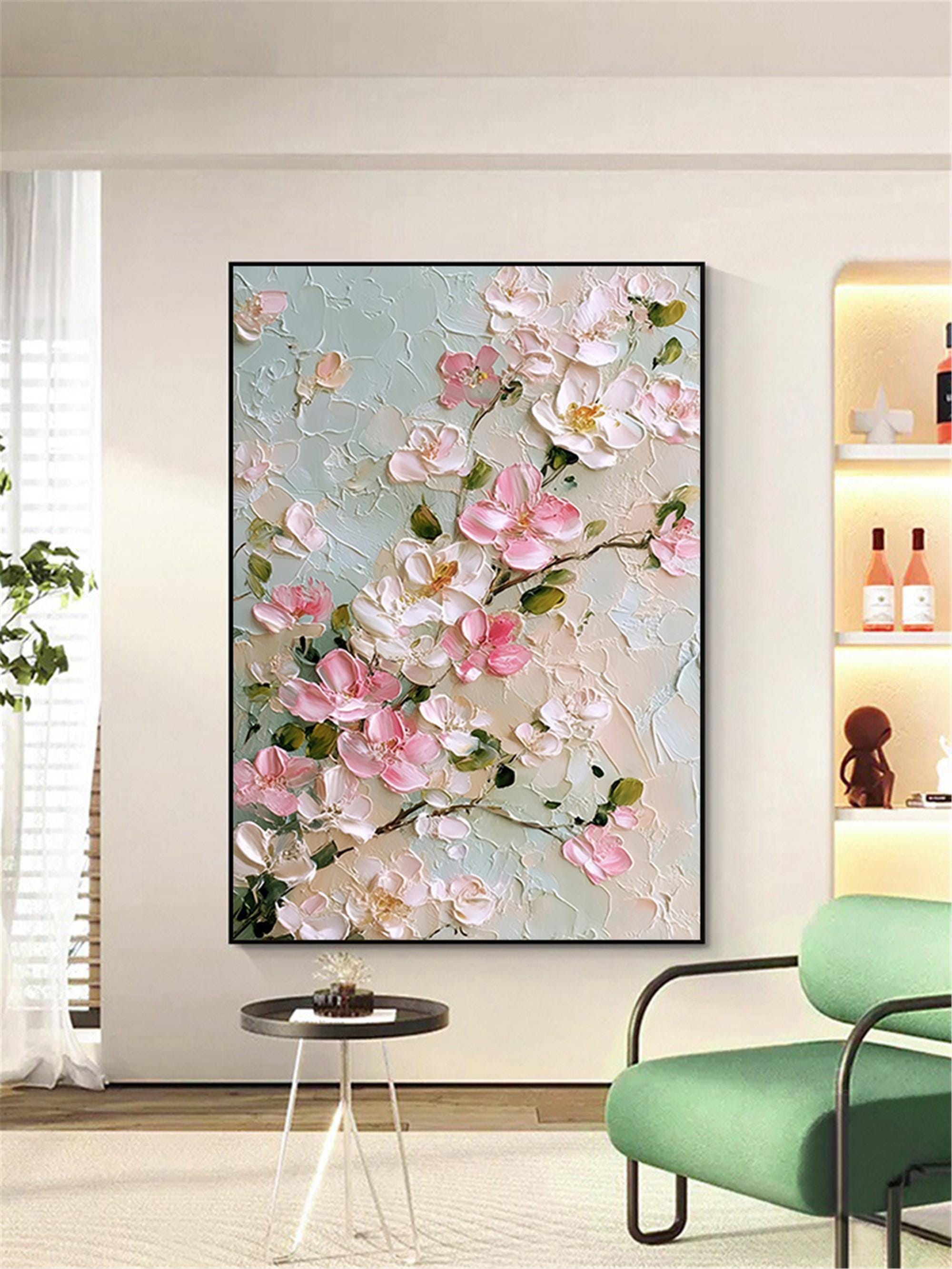 Original Flower Painting on Canvas 3DTextured Floral Wall Art,pink customd painting for Living Room home decor personalized gifts Fancy Art