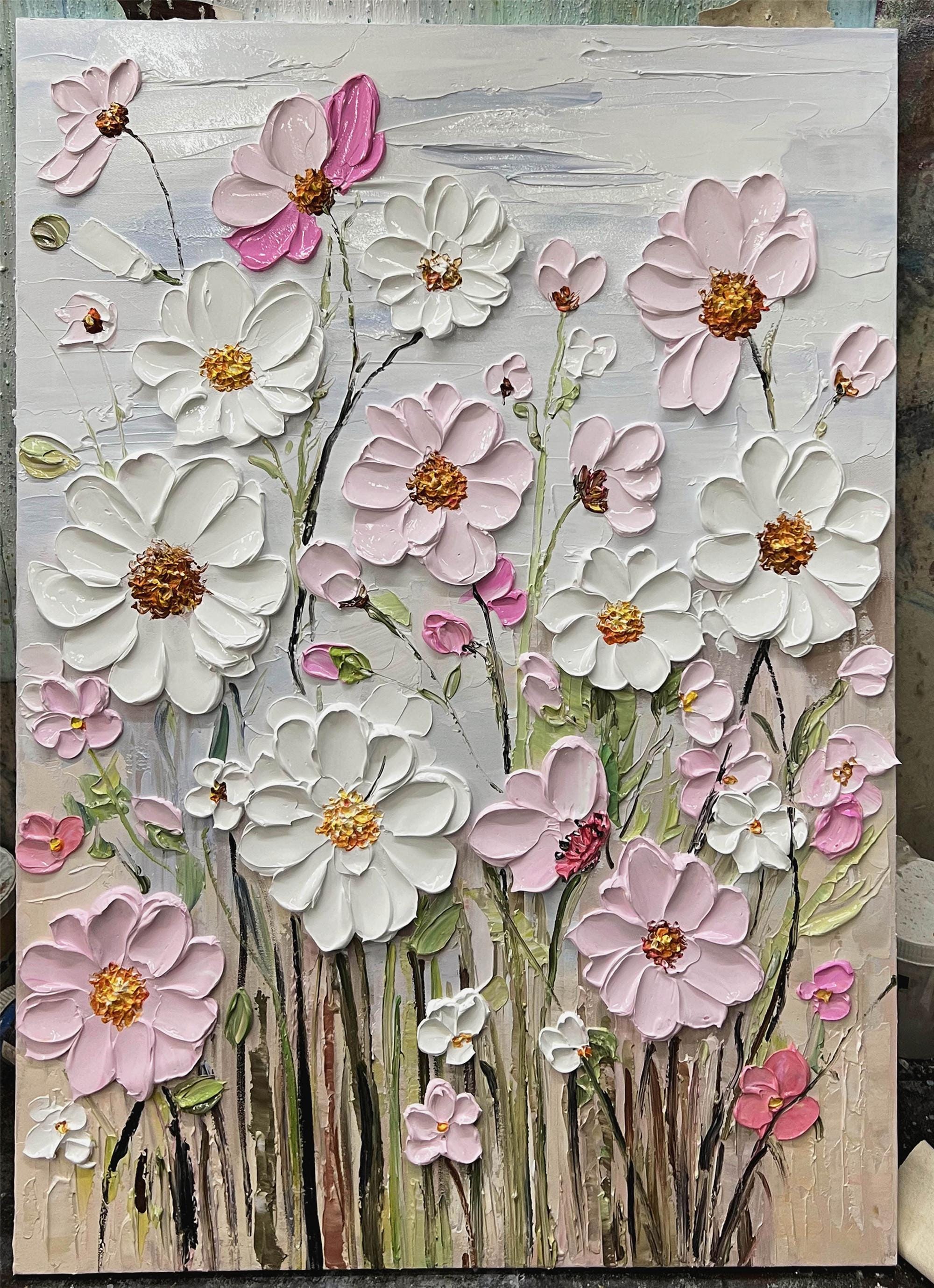 Original Flower Painting on Canvas 3DTextured Floral Wall Art,pink customd painting for Living Room home decor personalized gifts Fancy Art