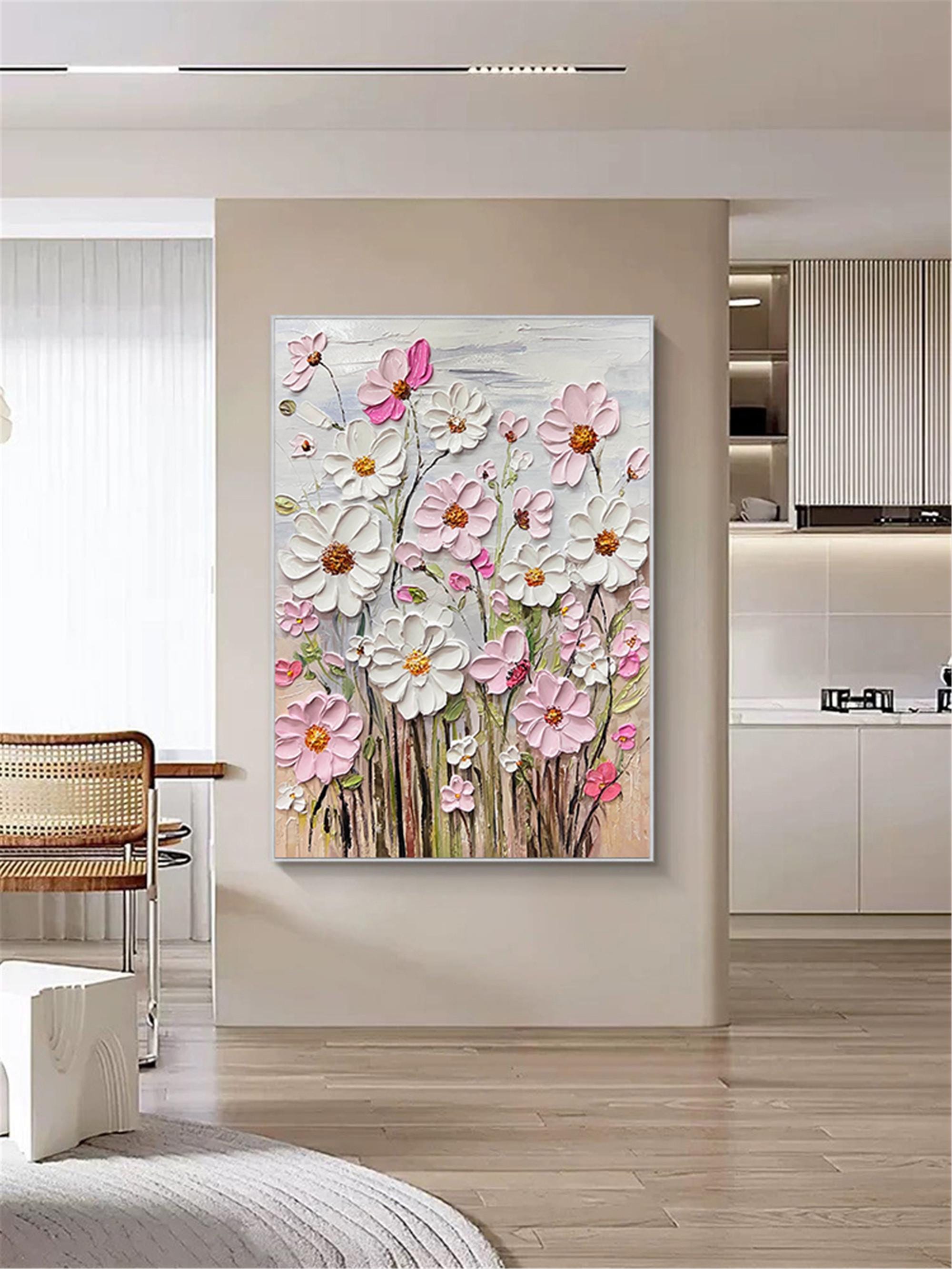 Original Flower Painting on Canvas 3DTextured Floral Wall Art,pink customd painting for Living Room home decor personalized gifts Fancy Art