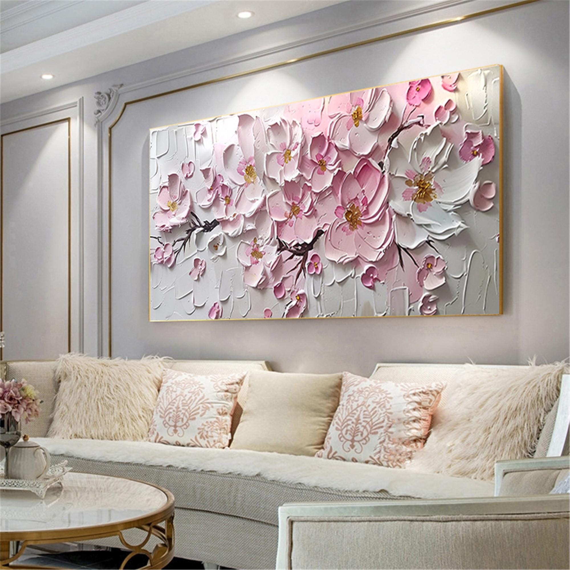 Original Pink White Blooming Flower Wall Art 3DTextured acrylic Painting On Canvas abstract Fancy Art for Living Room home personalized gift
