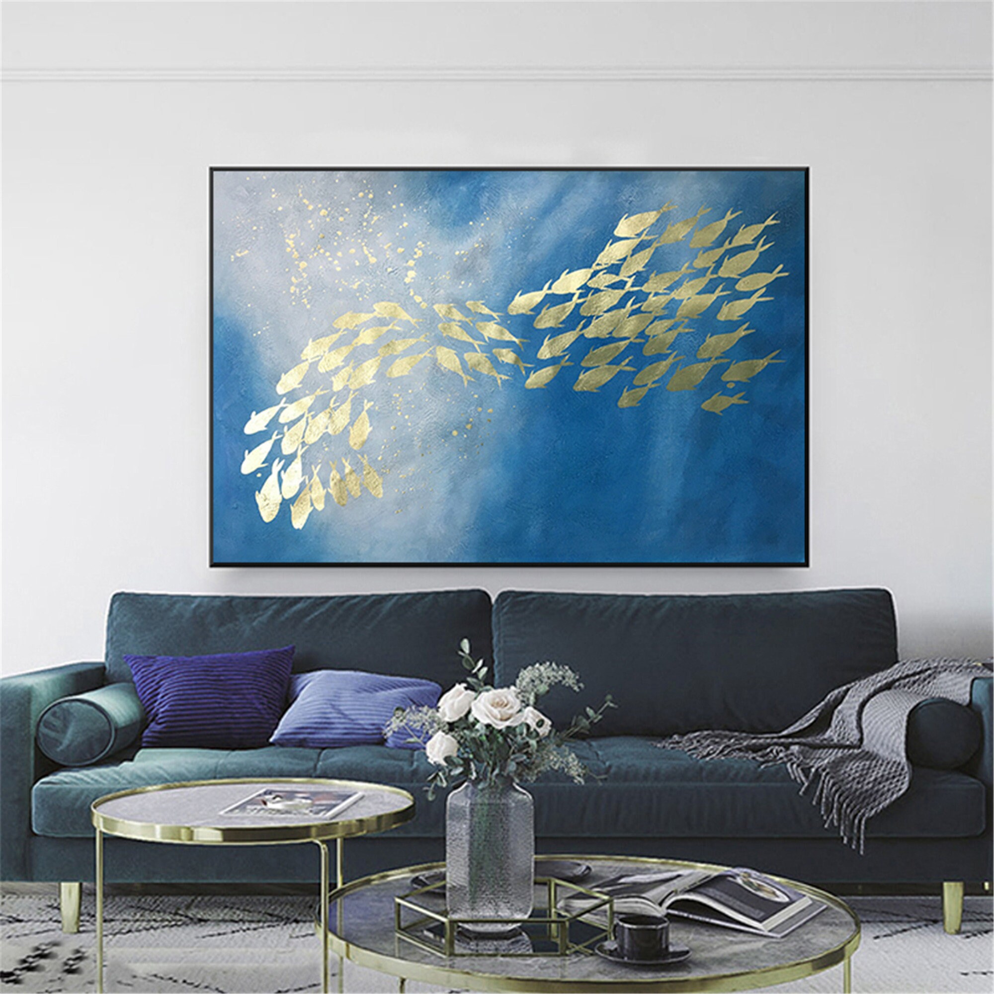 Gold leaf blue color Abstract painting framed canvas wall art Etsy