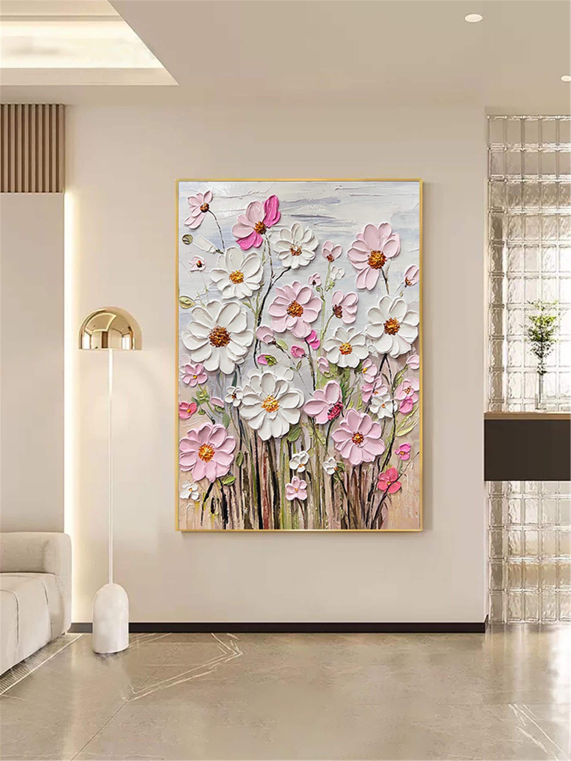 Original Flower Painting on Canvas 3DTextured Floral Wall Art,pink customd painting for Living Room home decor personalized gifts Fancy Art