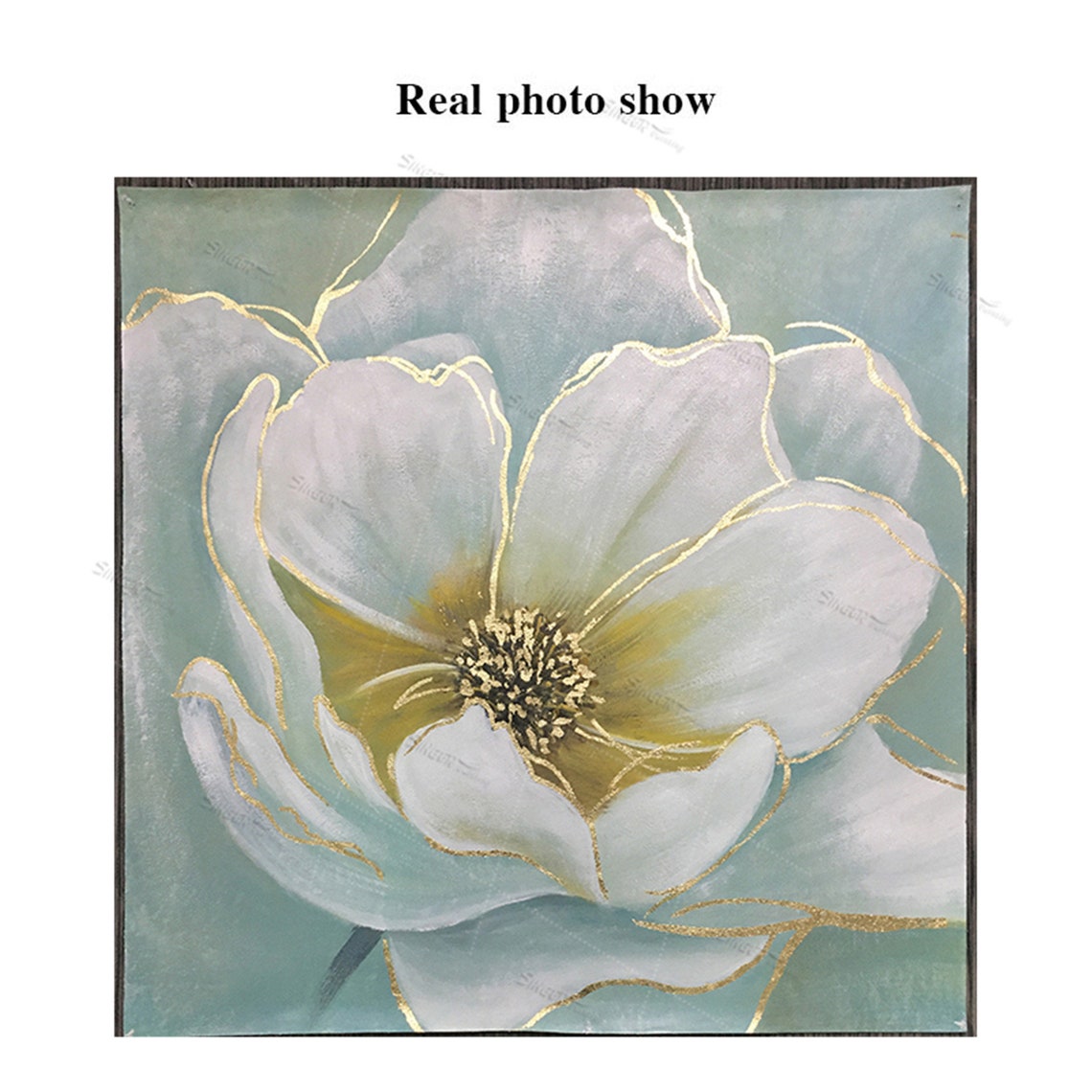 Abstract white flower painting gold leaf canvas wall art for Etsy