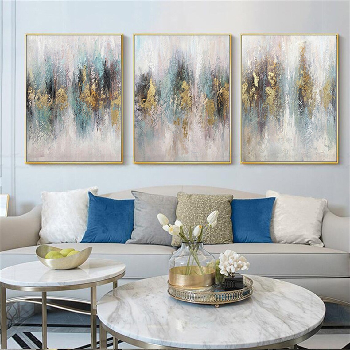 3 pieces Gold abstract canvas painting wall art pictures for Etsy