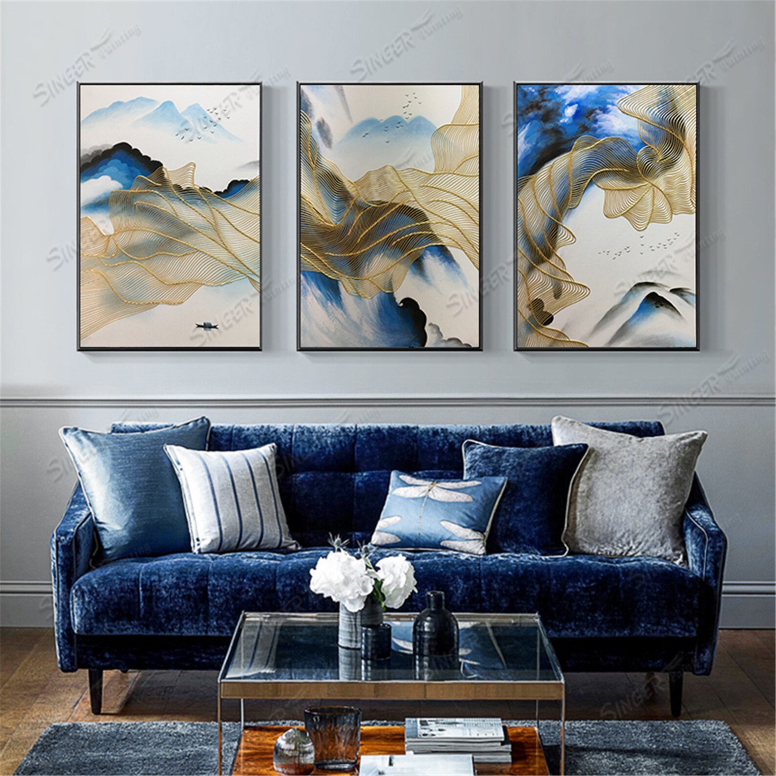 3 pieces framed navy blue abstract painting canvas wall art Etsy