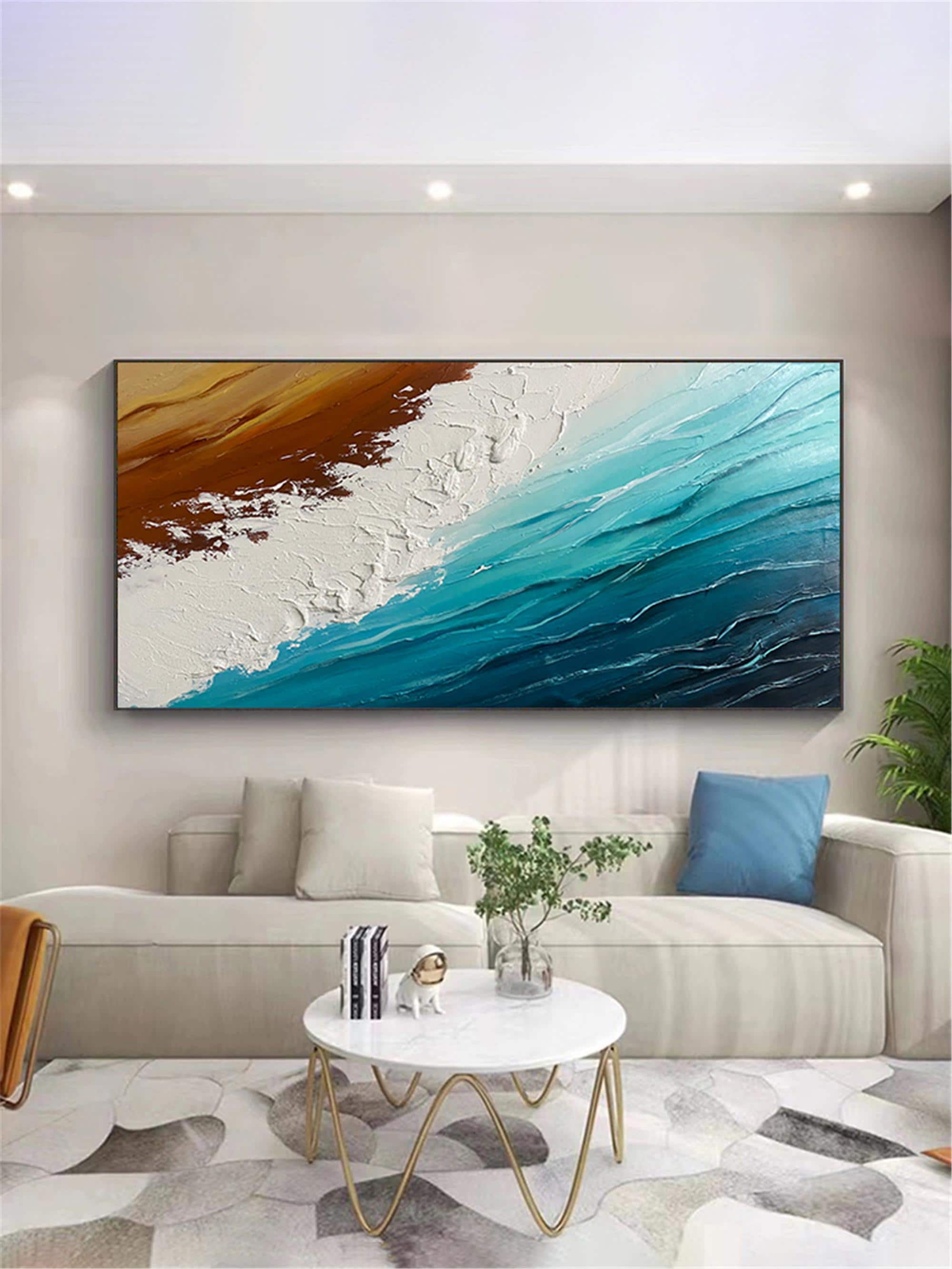 3DTextured Ocean Wall Art abstract painting on canvas Large Beach Painting Earth Tone Wave wall Decor Wabi-sabi Living Room wall painting