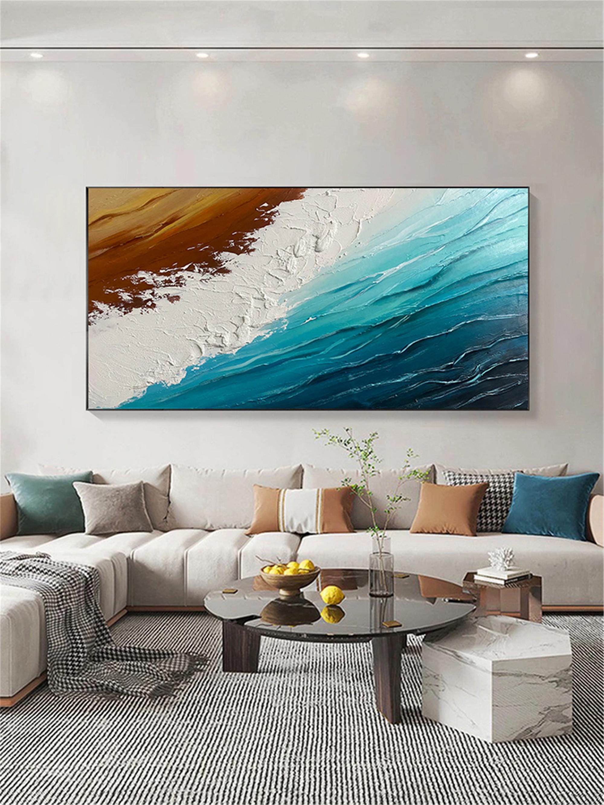 3DTextured Ocean Wall Art abstract painting on canvas Large Beach Painting Earth Tone Wave wall Decor Wabi-sabi Living Room wall painting