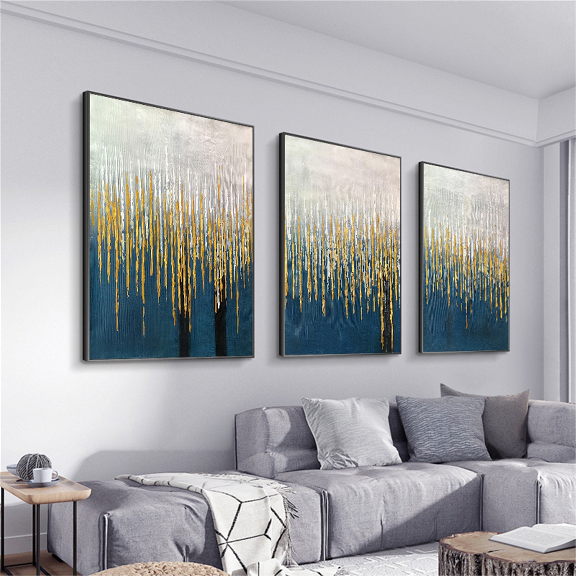 3 Pieces Navy Blue Artwork Framed Abstract Painting Canvas Etsy
