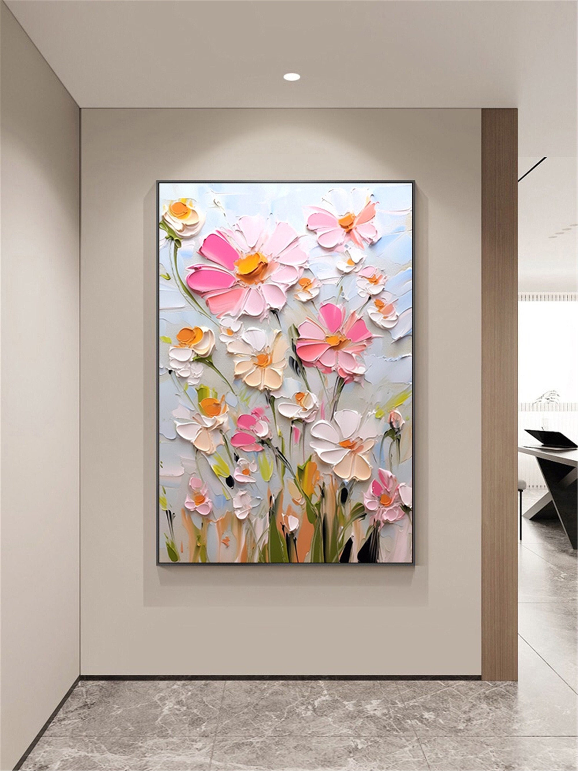 Pink Flower Painting Acrylic Canvas Art with Textured Wall Design