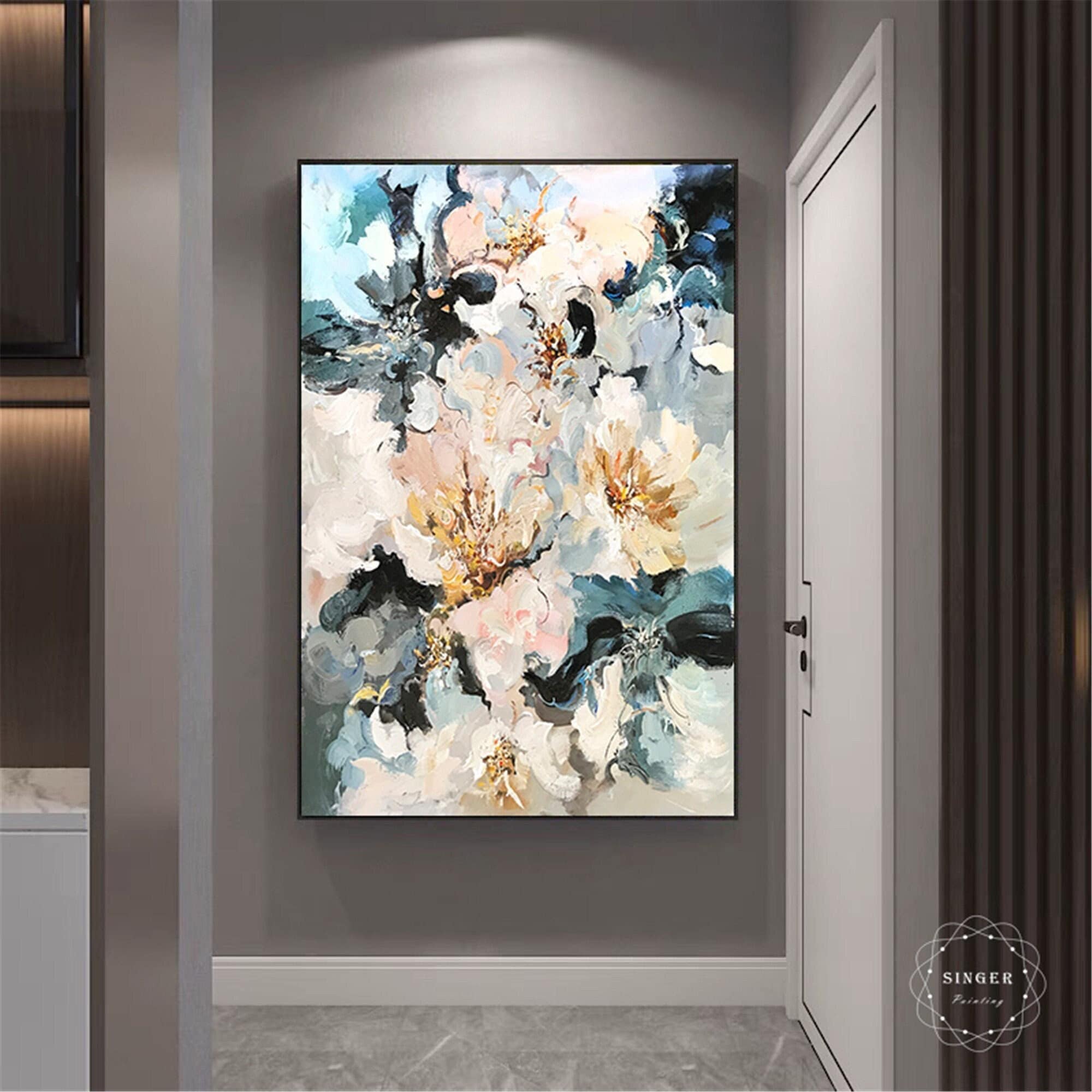 Floral Wall Art Pink Flower Painting on Framed Canvas for Decor