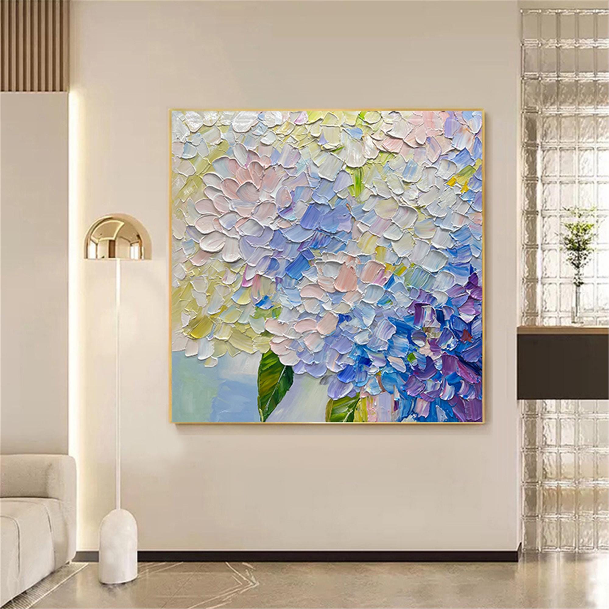 紫色のアジサイの絵画、キャンバスに描かれたテクスチャのあるアクリル