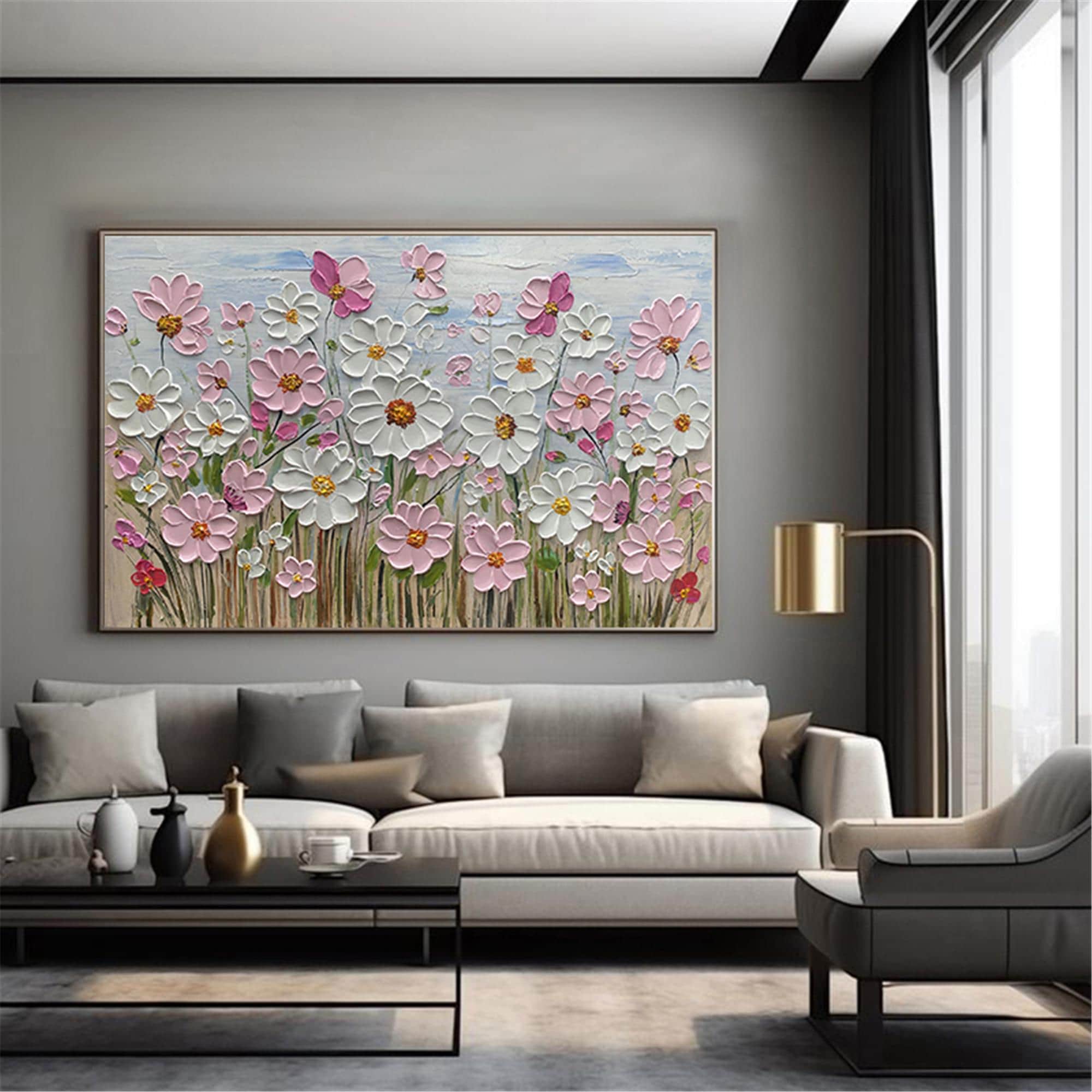 Large Textured Floral 3D Wall Art Palette Knife Flower oil Painting on Canvas personalized gift pink Modern Fancy Art Living Room wall decor