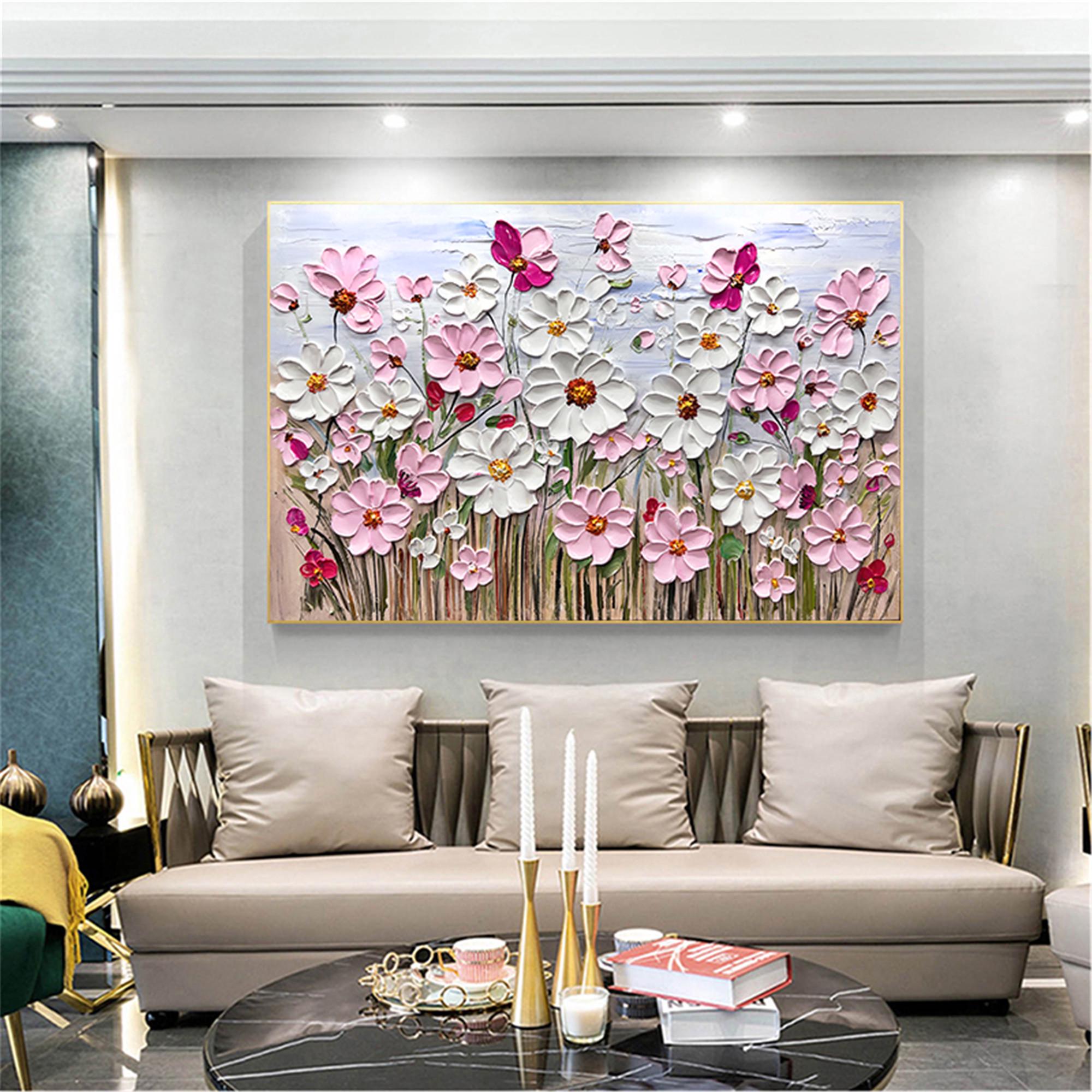 Pinktextured Floral Canvas Painting,abstract Flower Living Room Wall ...