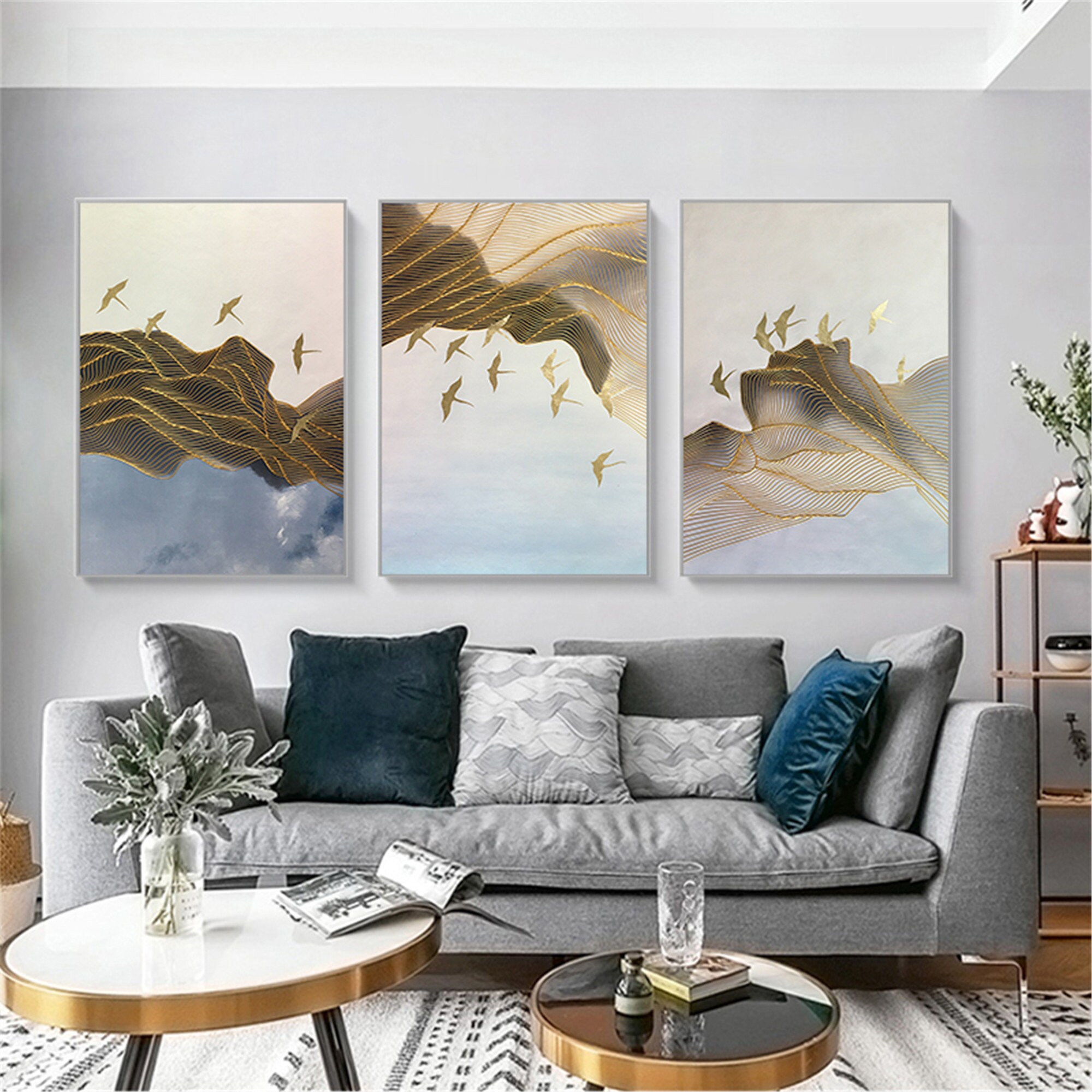 3 pieces framed light blue abstract painting canvas wall art Etsy