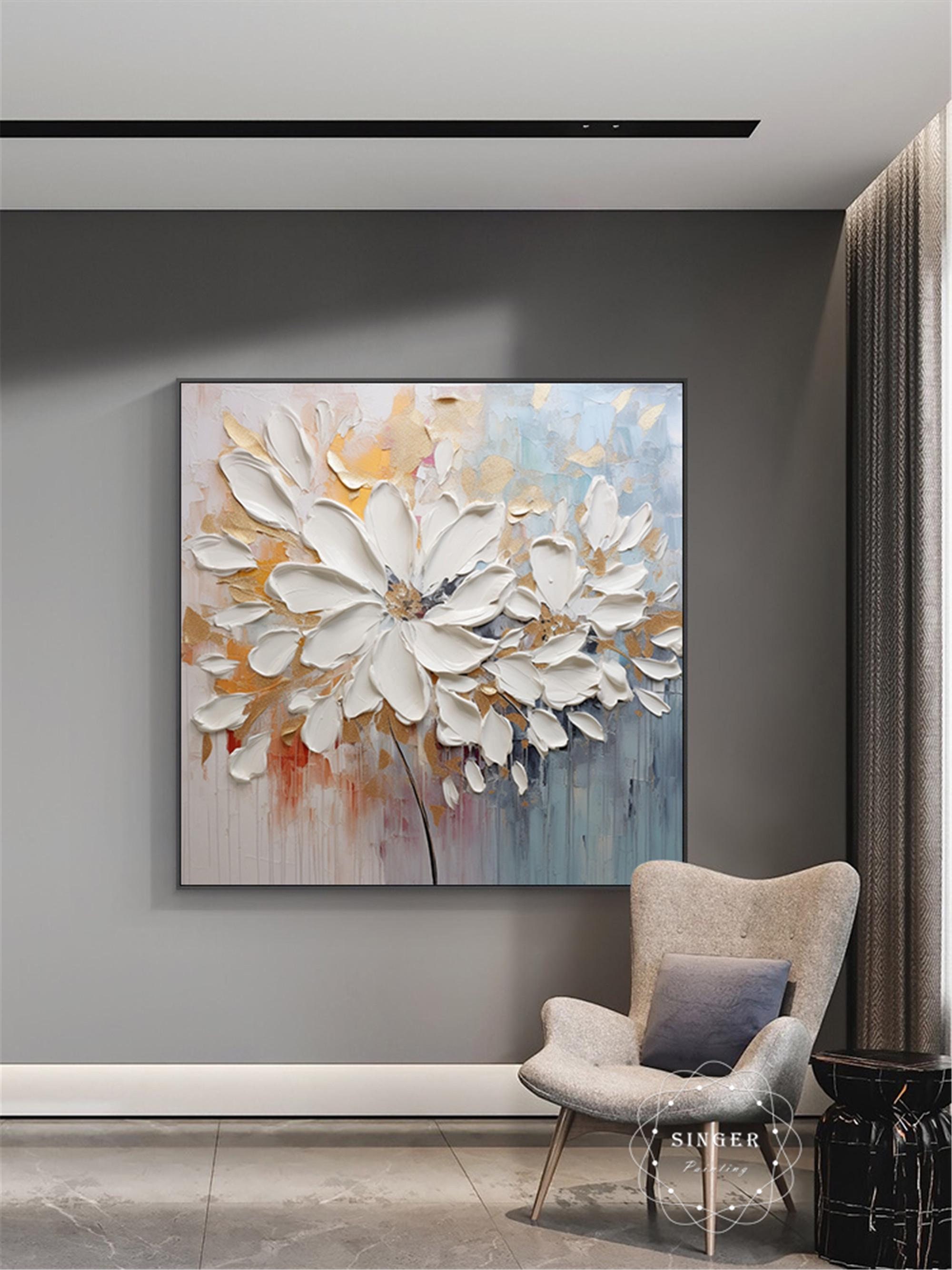 Pink Flower Painting Abstract Canvas Art with 3D Texture for Walls