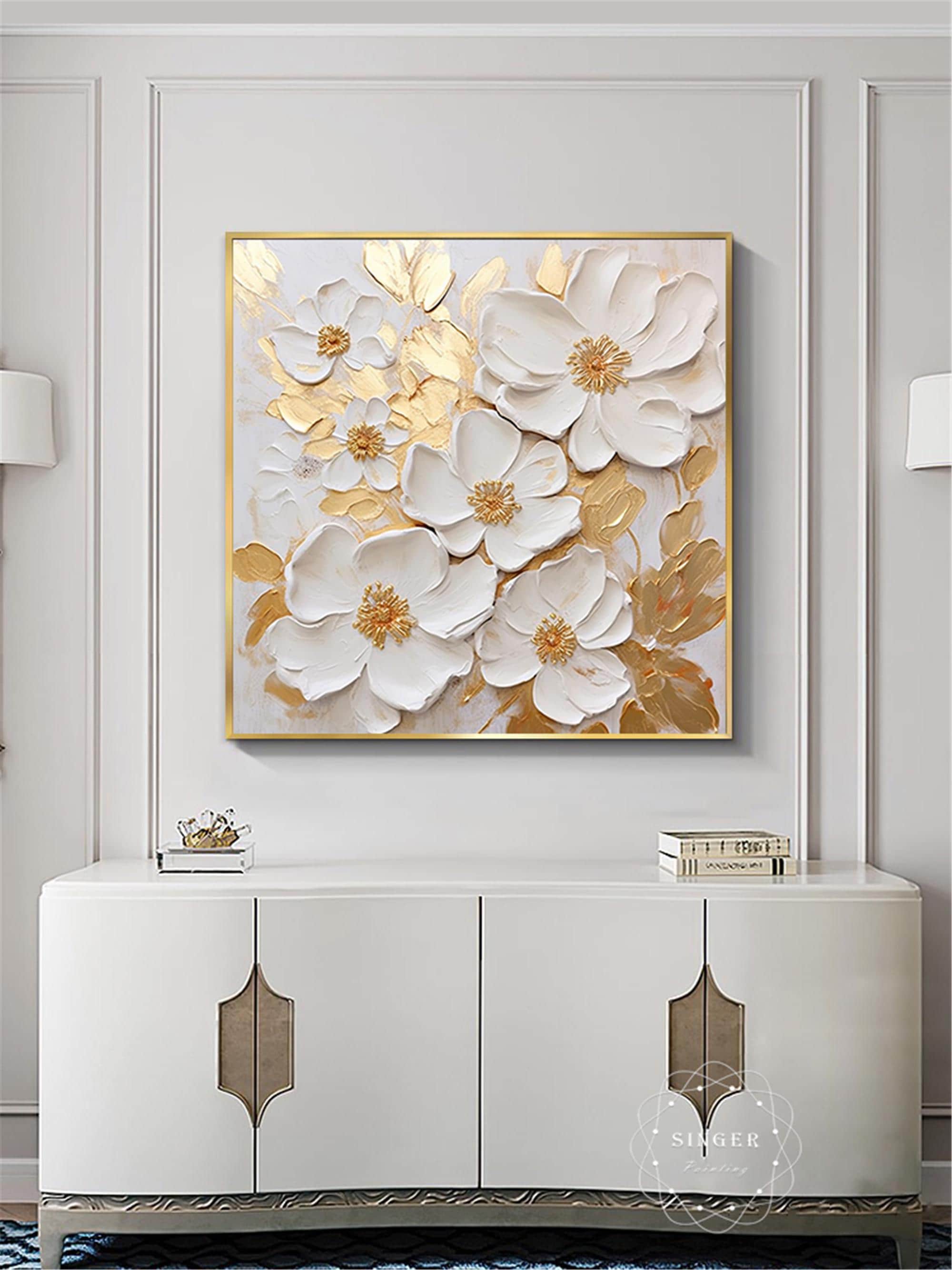 3D Painting On Canvas Original Gold White Blooming Flower Wall Art Textured Living Room Fancy Art Natural Scenery Painting personalized gift