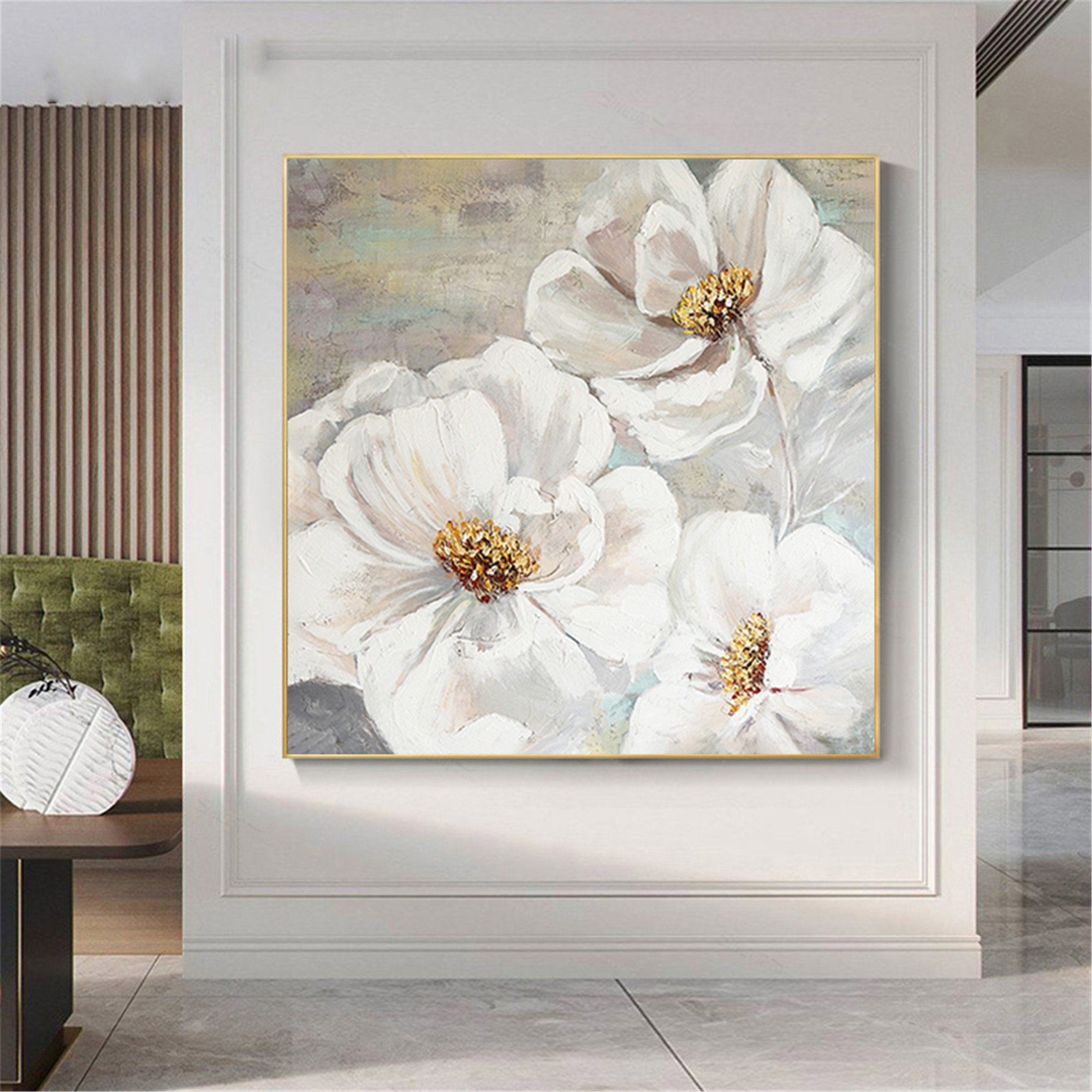 Gold leaf abstract painting white flower canvas wall art Etsy