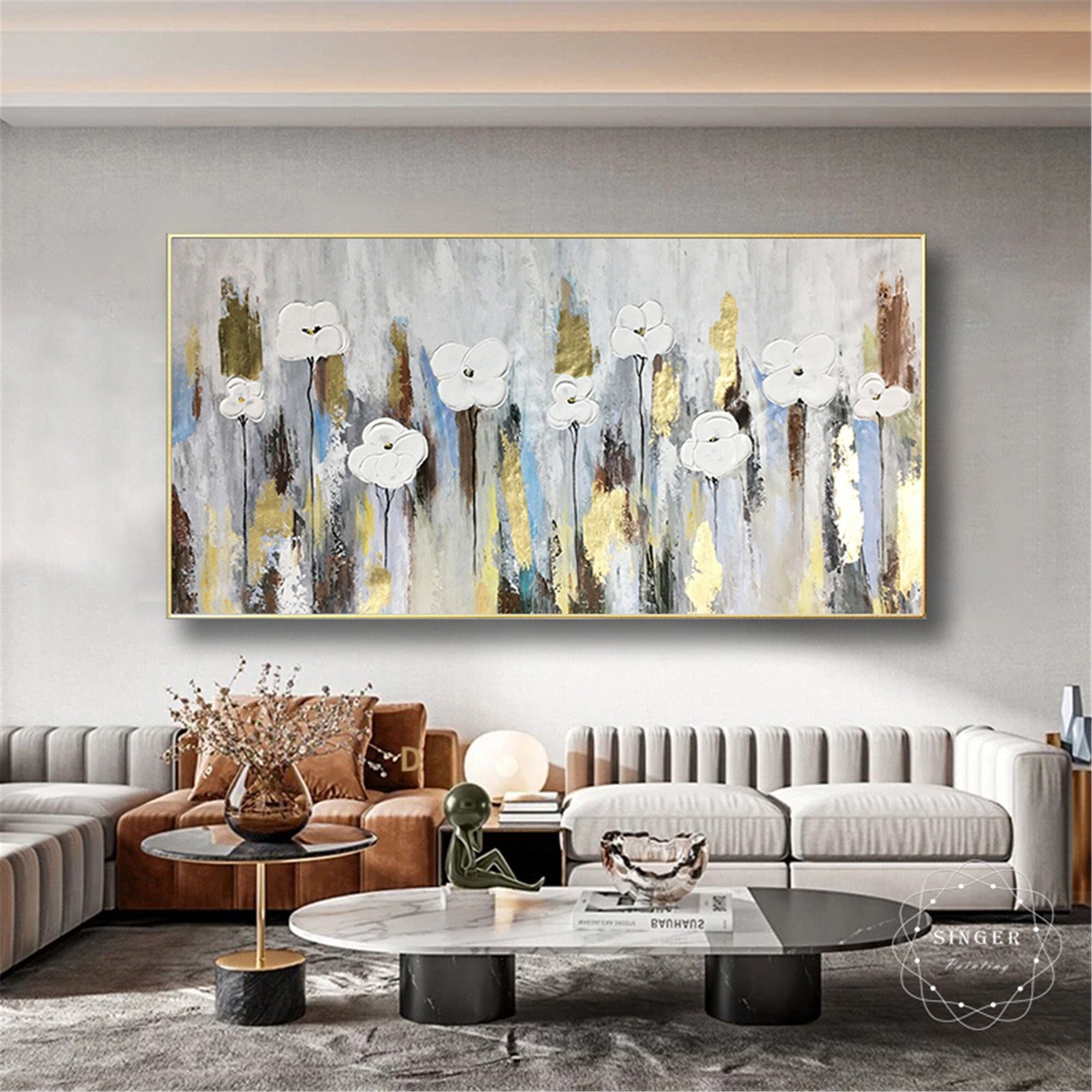 Abstract Floral Wall Art Textured Canvas Painting for Living Room
