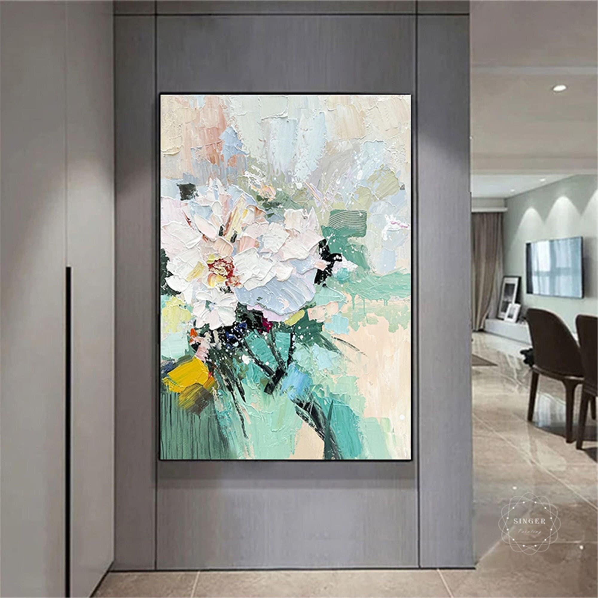 Pink Flower Wall Art Original Abstract Painting on Framed Canvas