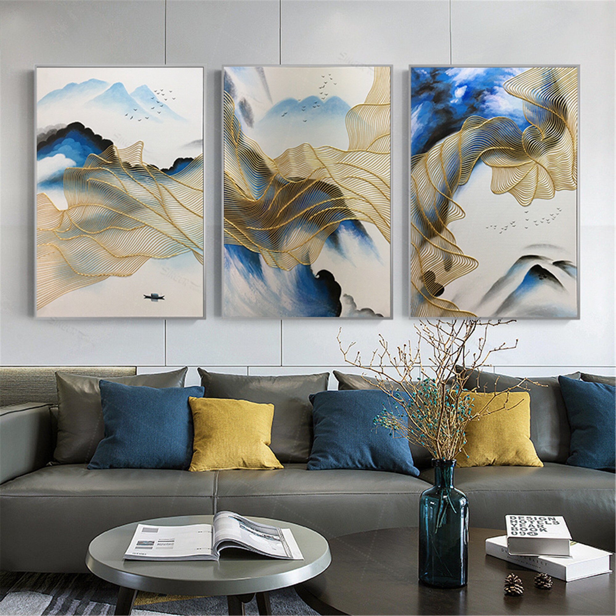 3 pieces framed navy blue abstract painting canvas wall art Etsy
