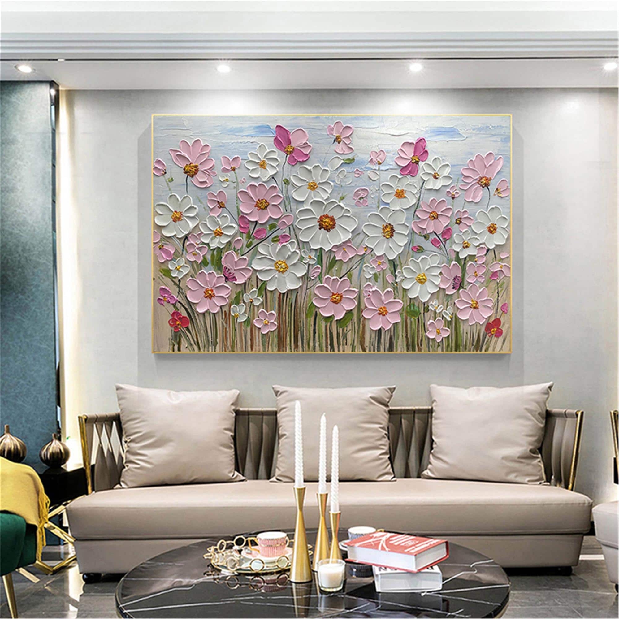 Large Textured Floral 3D Wall Art Palette Knife Flower oil Painting on Canvas personalized gift pink Modern Fancy Art Living Room wall decor