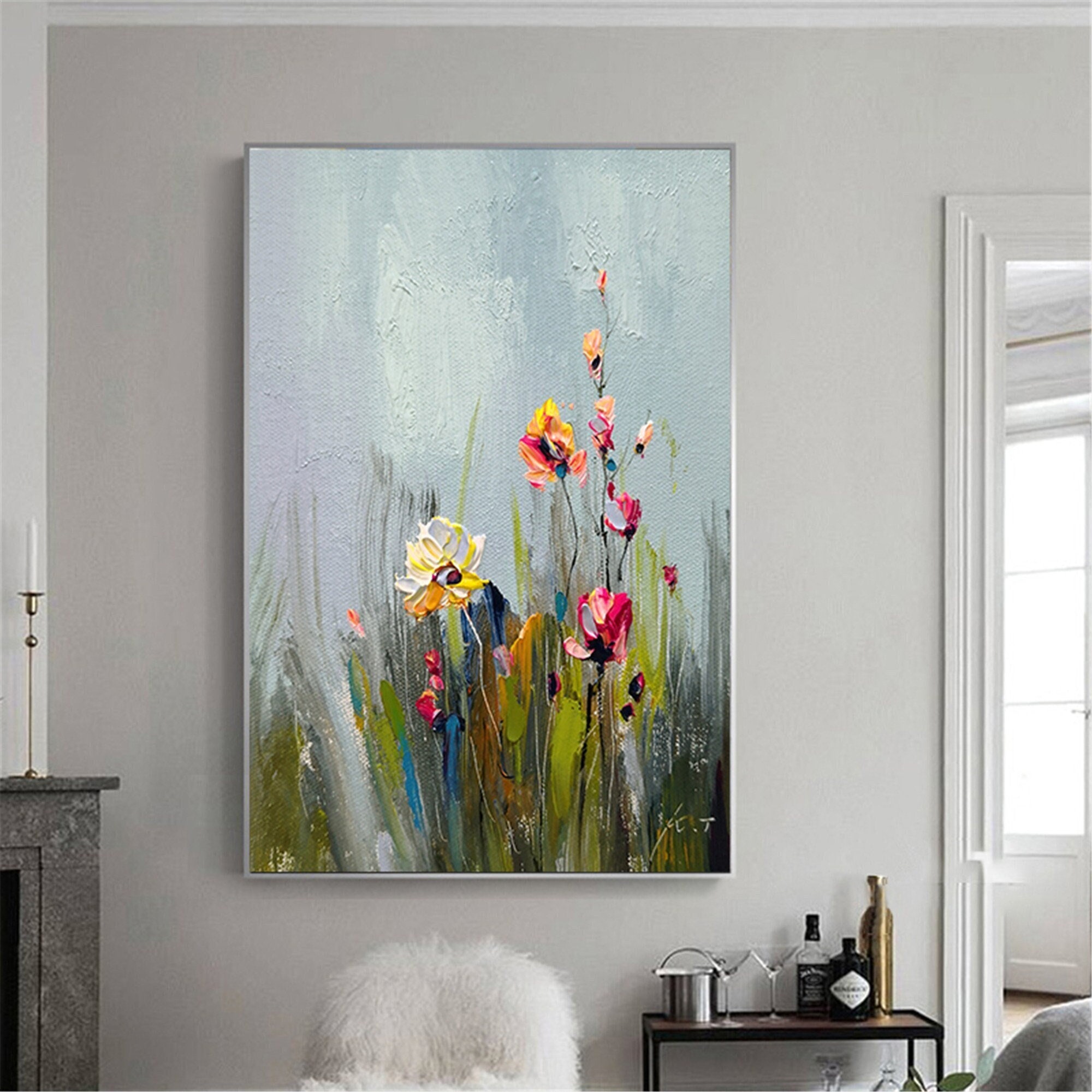 Flower Painting Abstract Acrylic Canvas Art with Textured Design