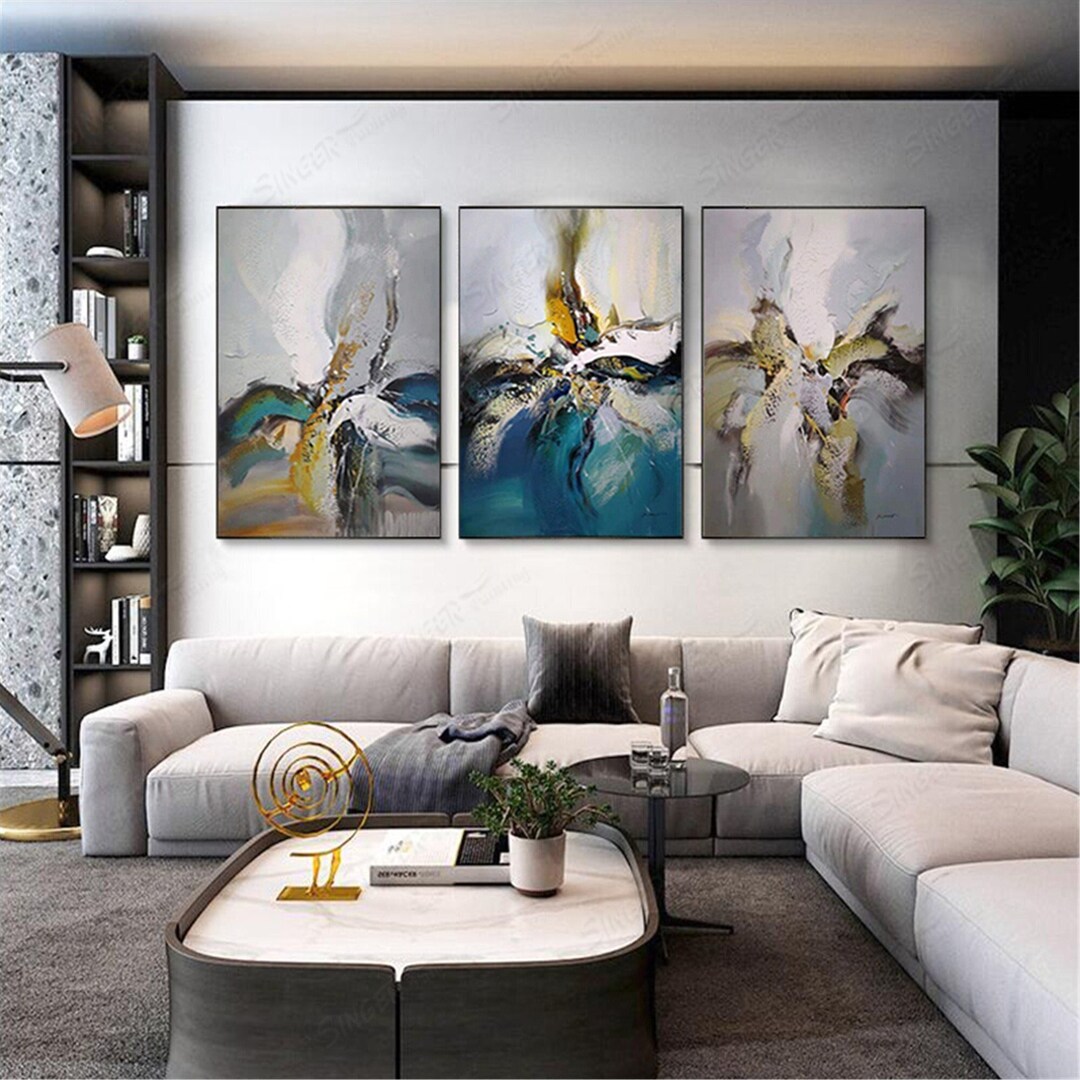 Blue & Yellow Abstract Painting Set, Textured Acrylic Artwork Wall ...