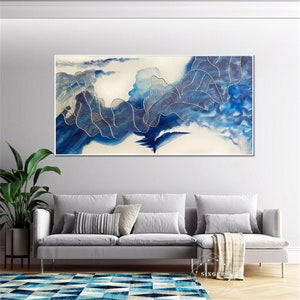 Silver Line Abstract Painting on Canvas Wall Art Framed for Living Room ...