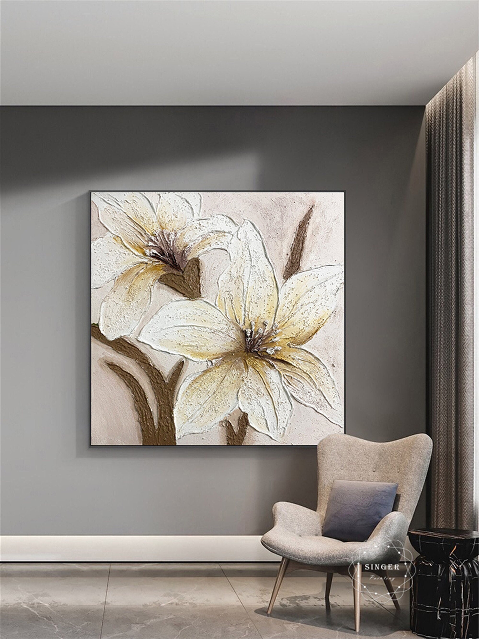 Floral Wall Art Textured Acrylic Painting on Canvas for Wall Display