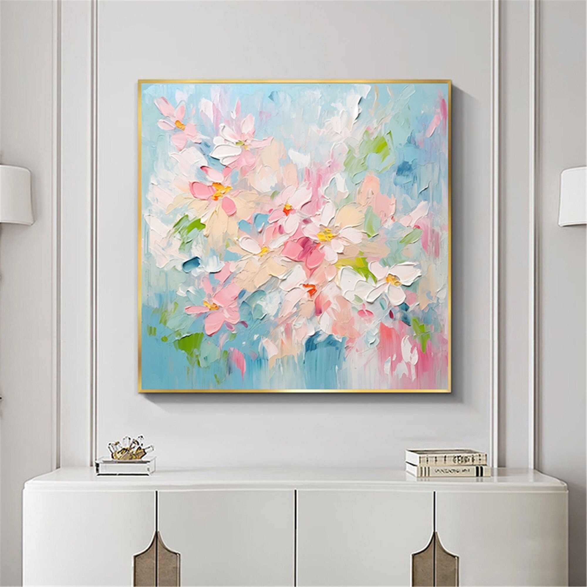 Pink Floral Wall Art Framed 3D Textured Painting on Canvas