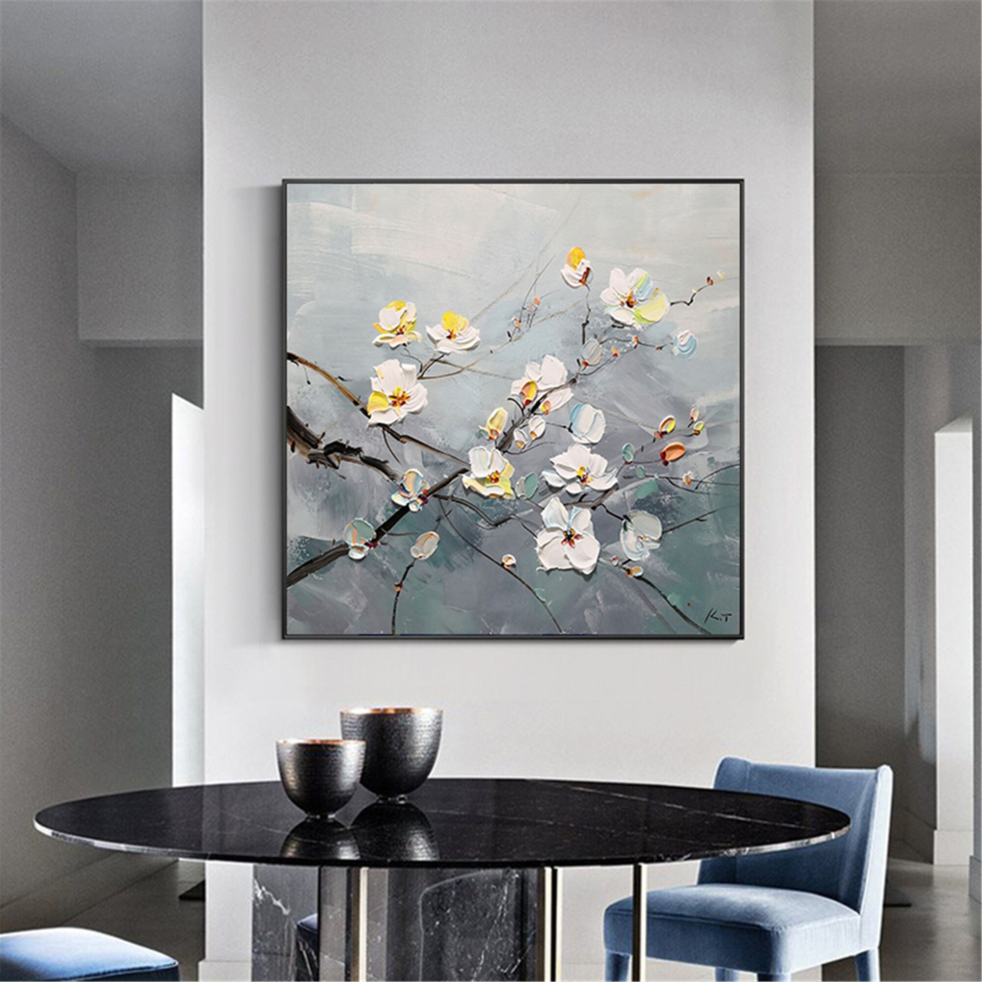 Grey Canvas Wall Art Abstract Flower Painting for Living Room Etsy