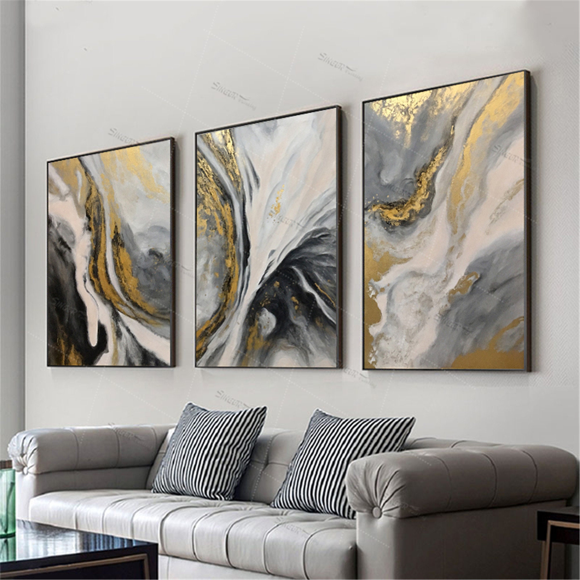 3 pieces gold leaf abstract painting framed canvas wall art Etsy
