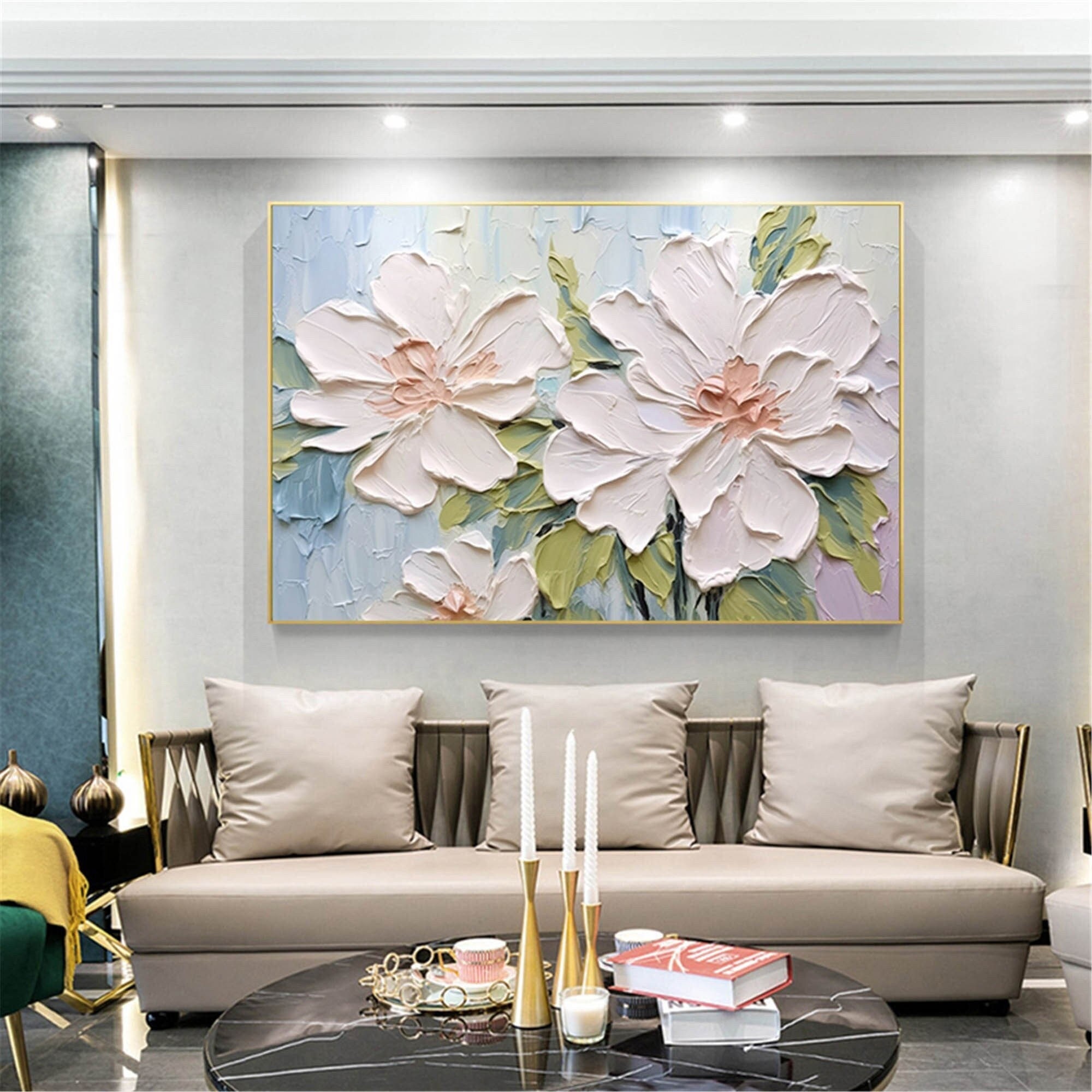 Floral Canvas Art Abstract Painting with 3D Texture for Home Walls
