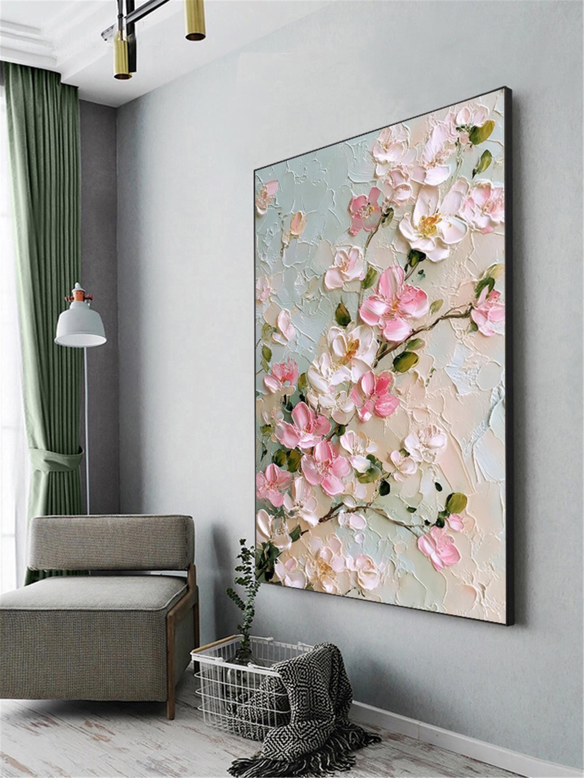 Original Flower Painting on Canvas 3DTextured Floral Wall Art,pink customd painting for Living Room home decor personalized gifts Fancy Art