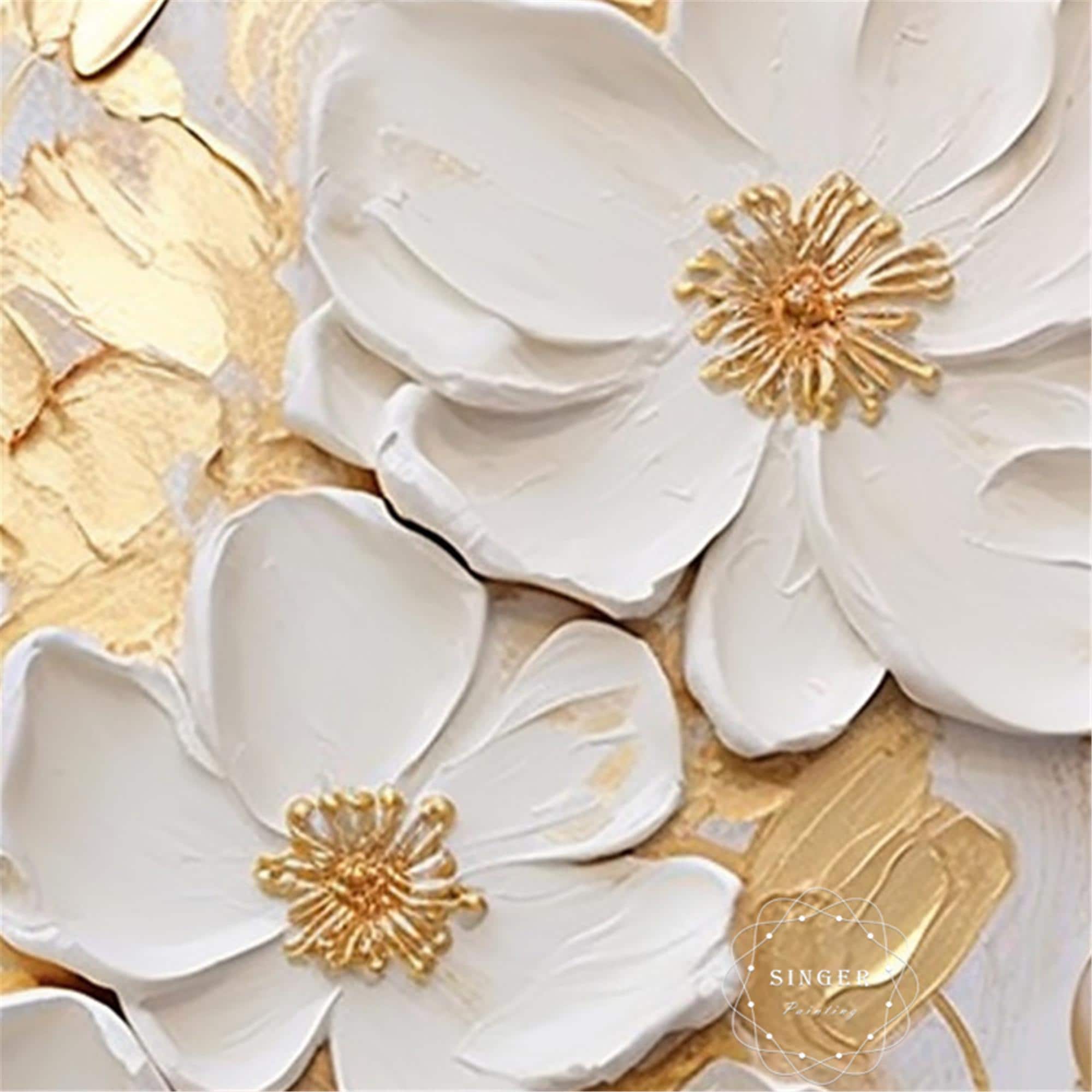 3D Painting On Canvas Original Gold White Blooming Flower Wall Art Textured Living Room Fancy Art Natural Scenery Painting personalized gift