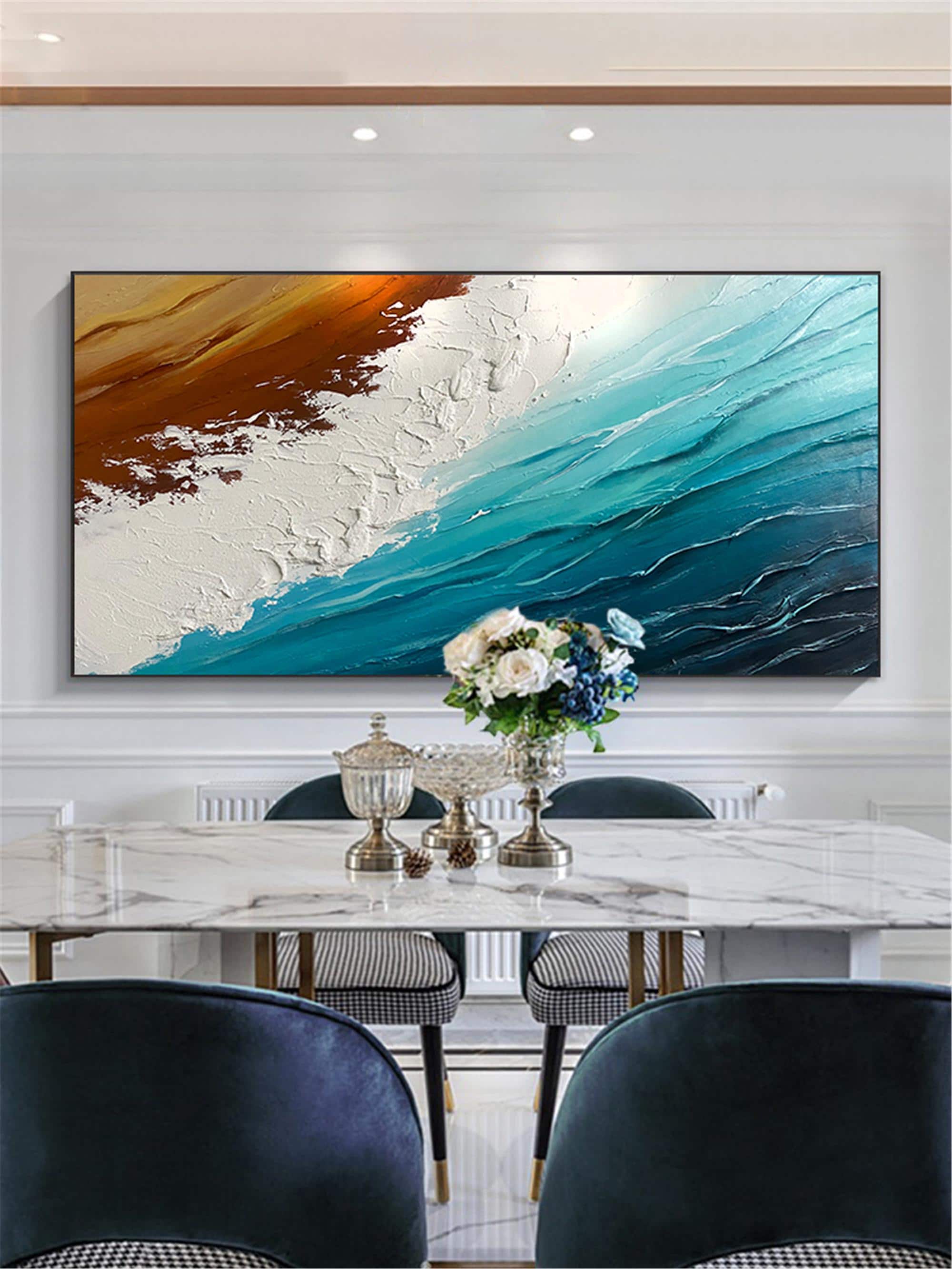 3DTextured Ocean Wall Art abstract painting on canvas Large Beach Painting Earth Tone Wave wall Decor Wabi-sabi Living Room wall painting