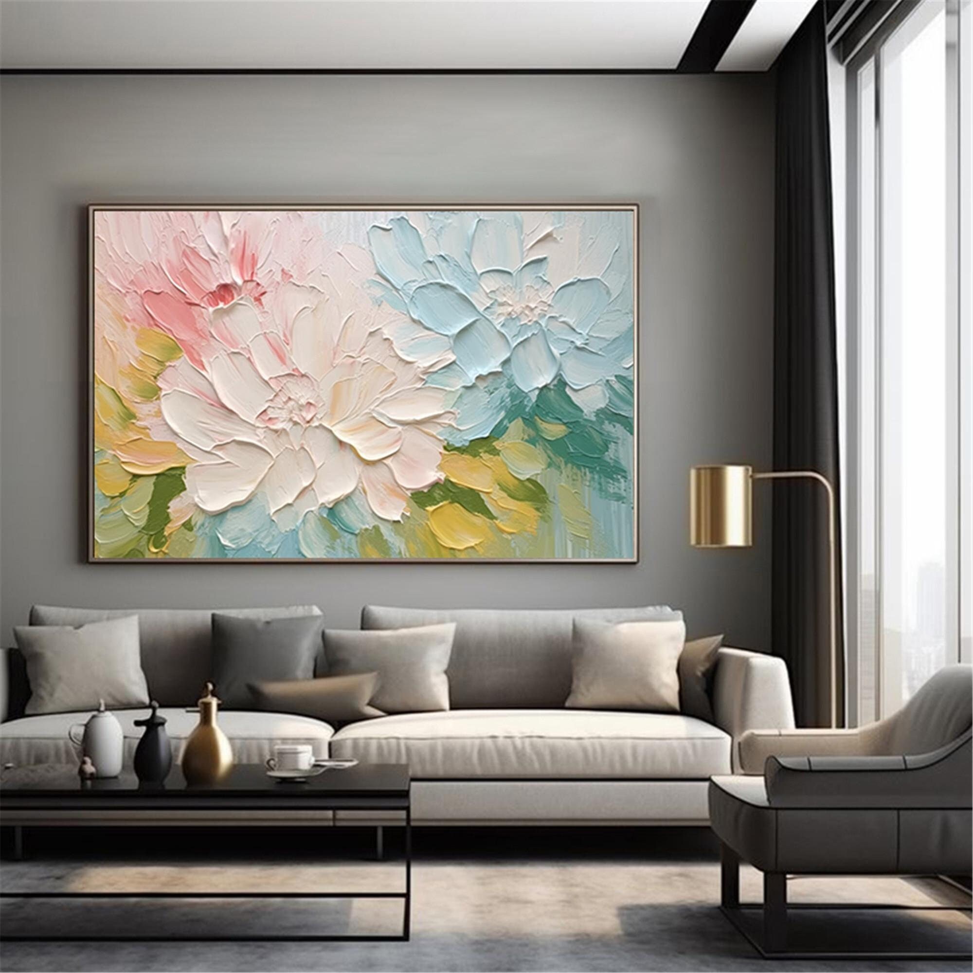 Flower Wall Art Framed Canvas Painting with Textured Acrylic Design
