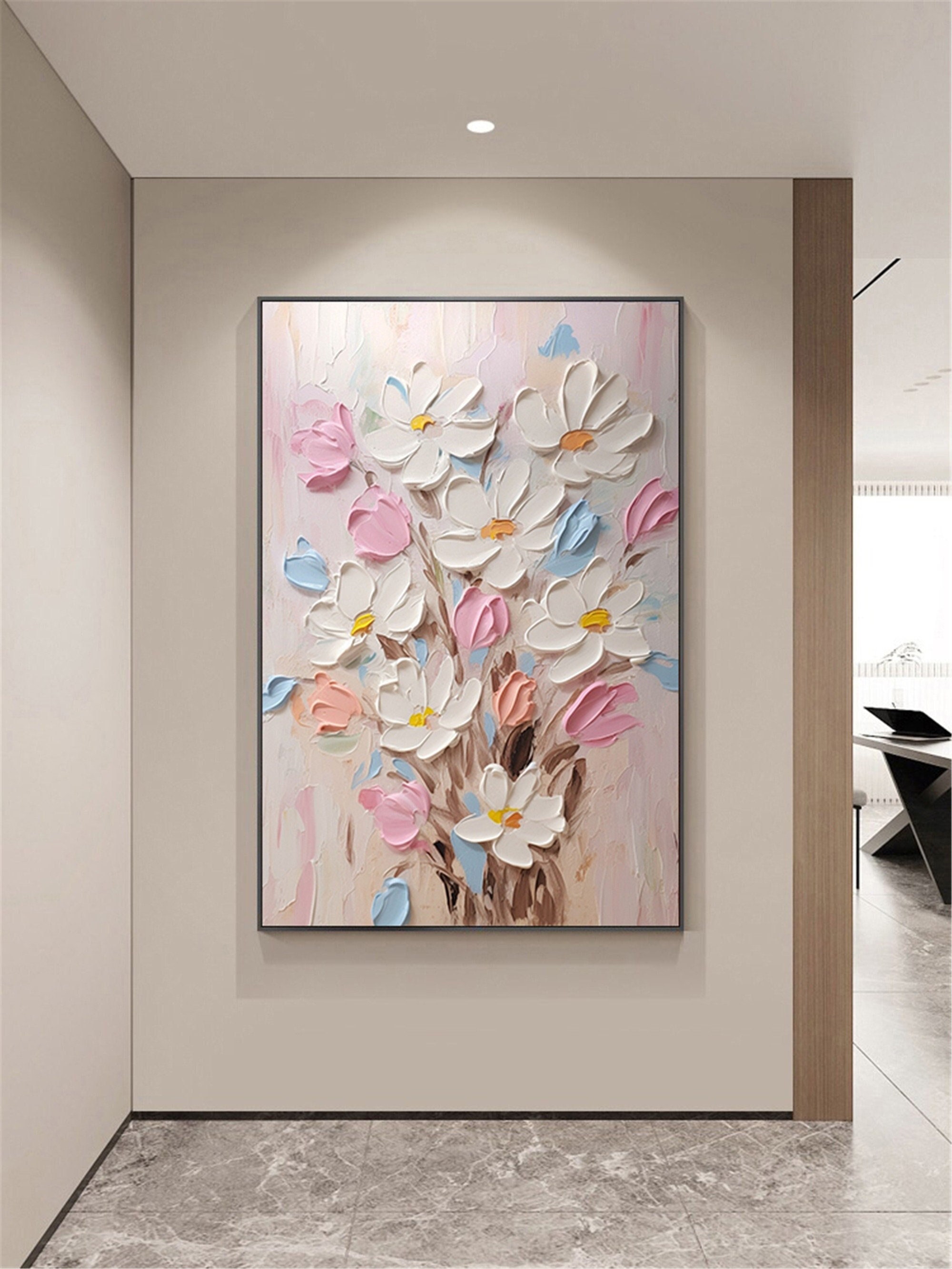 Floral Art Pink Flower Painting on Canvas for Modern Wall Decor