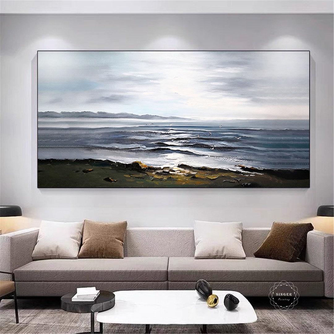 Blue Sea Abstract Canvas Painting Wall Art Picture for Living Etsy