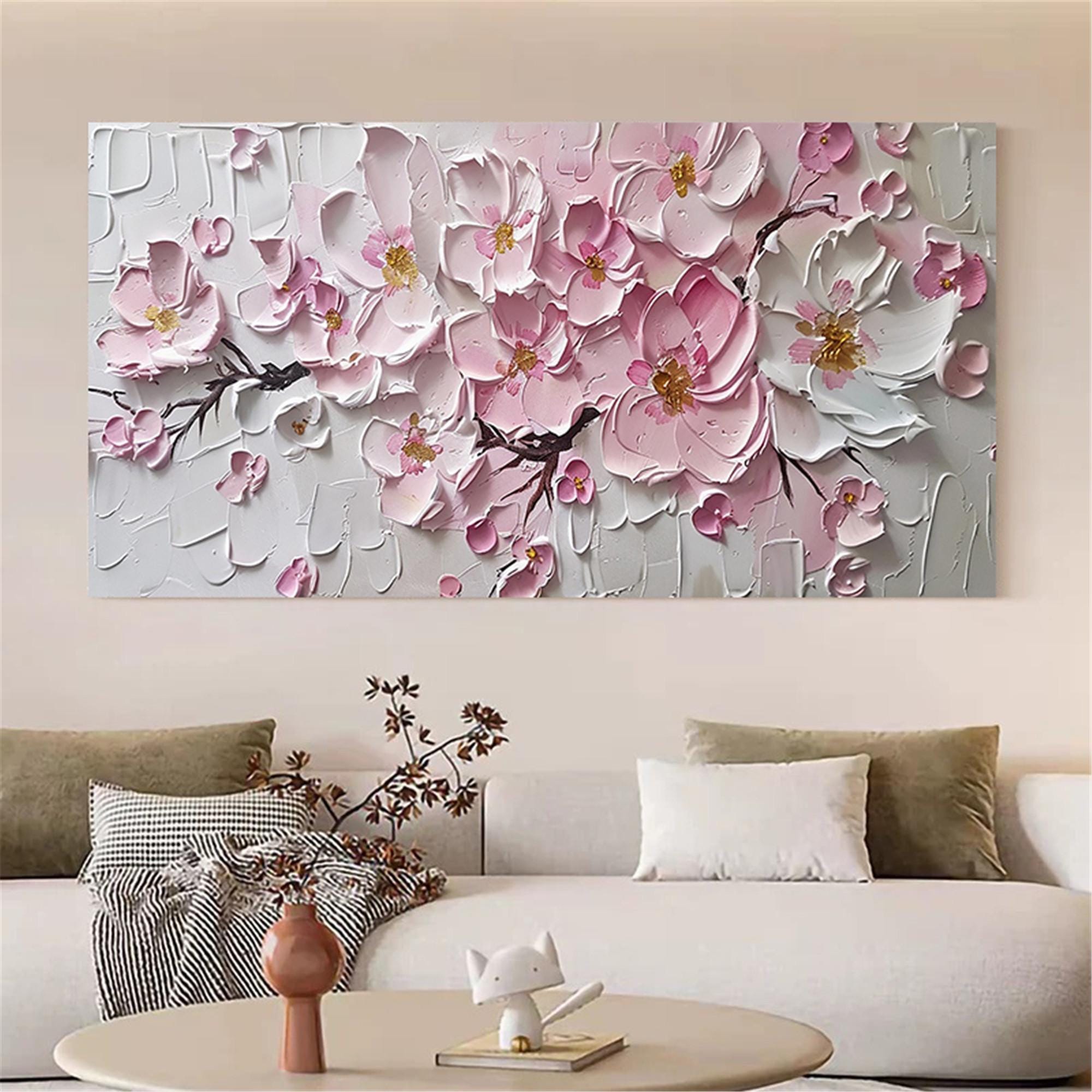 Original Pink White Blooming Flower Wall Art 3DTextured acrylic Painting On Canvas abstract Fancy Art for Living Room home personalized gift