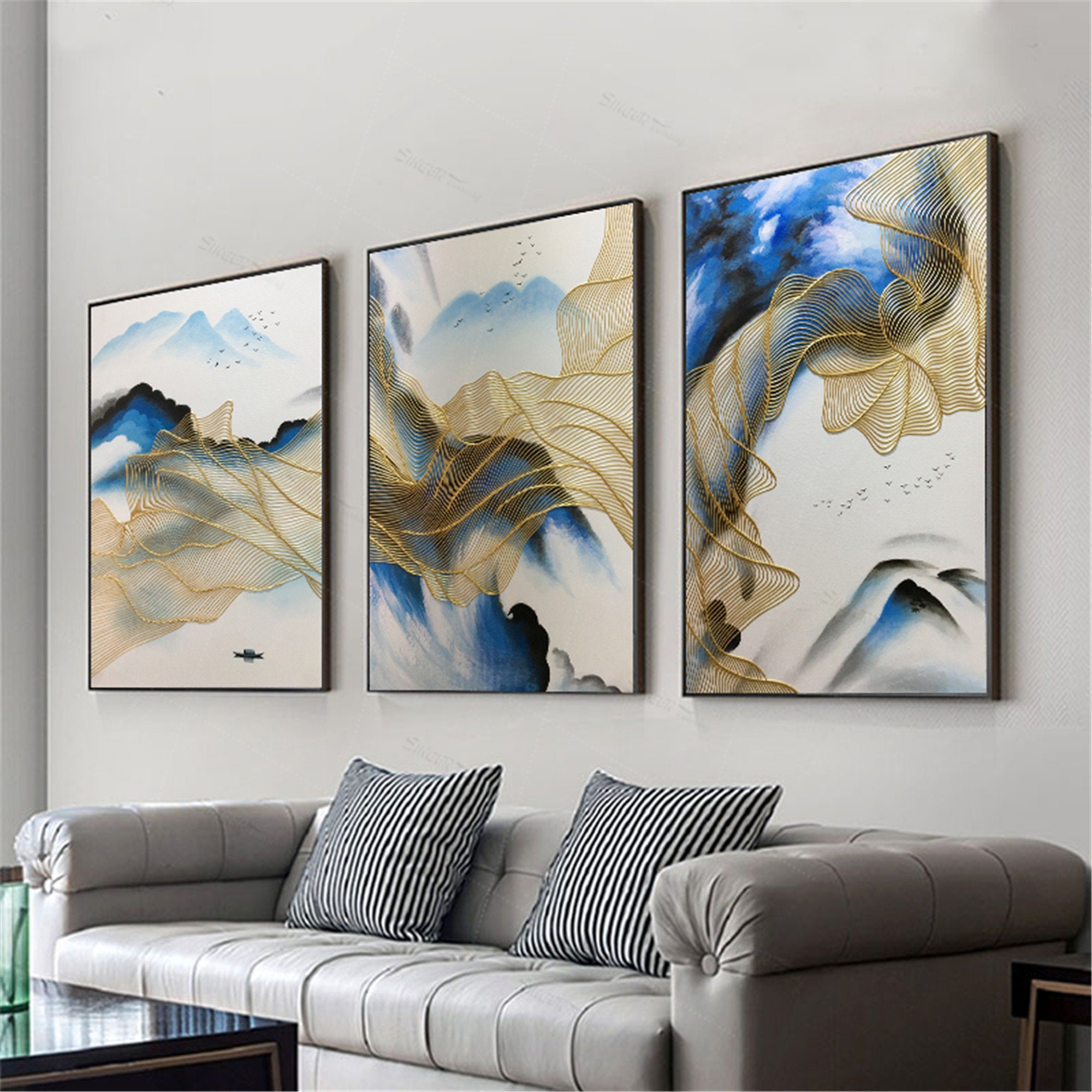3 pieces framed navy blue abstract painting canvas wall art Etsy