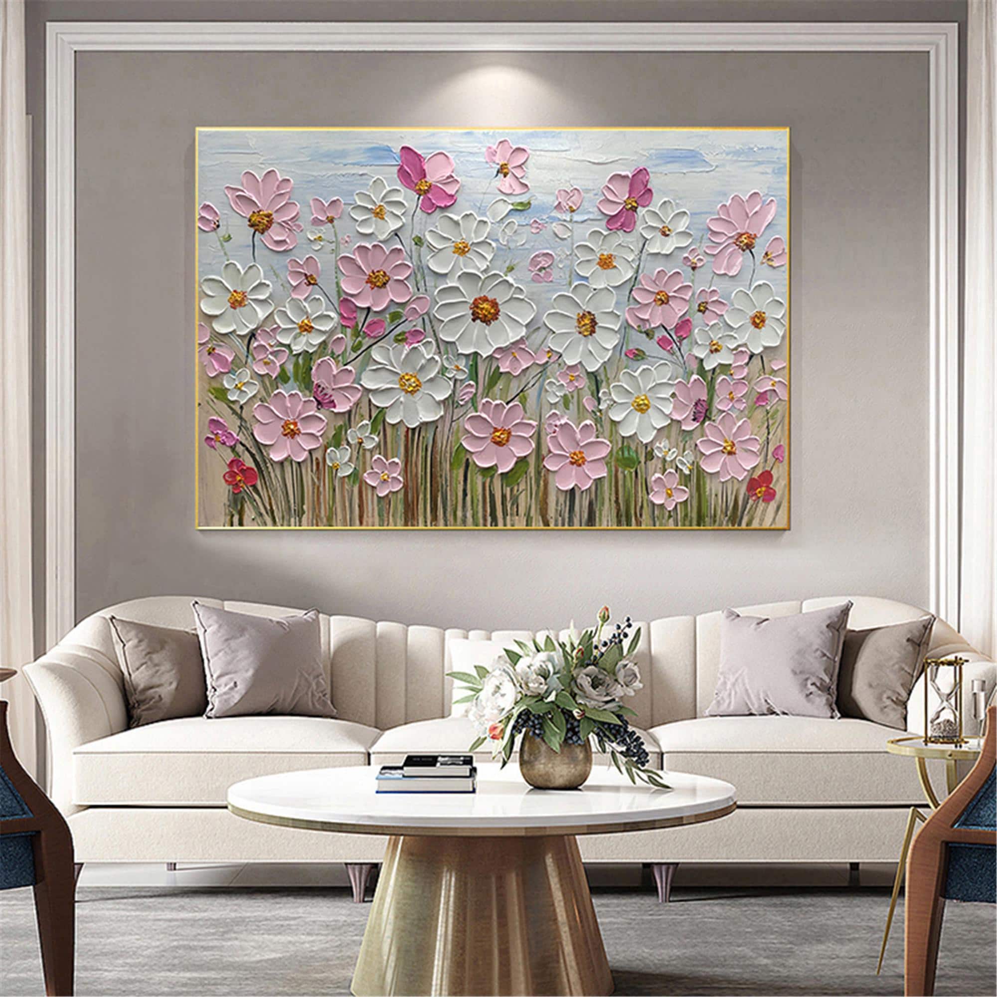 Large Textured Floral 3D Wall Art Palette Knife Flower oil Painting on Canvas personalized gift pink Modern Fancy Art Living Room wall decor