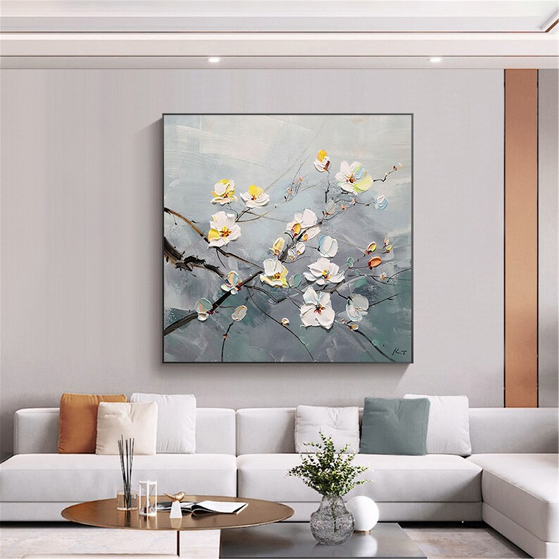 Grey Canvas Wall Art Abstract Flower Painting for Living Room Etsy