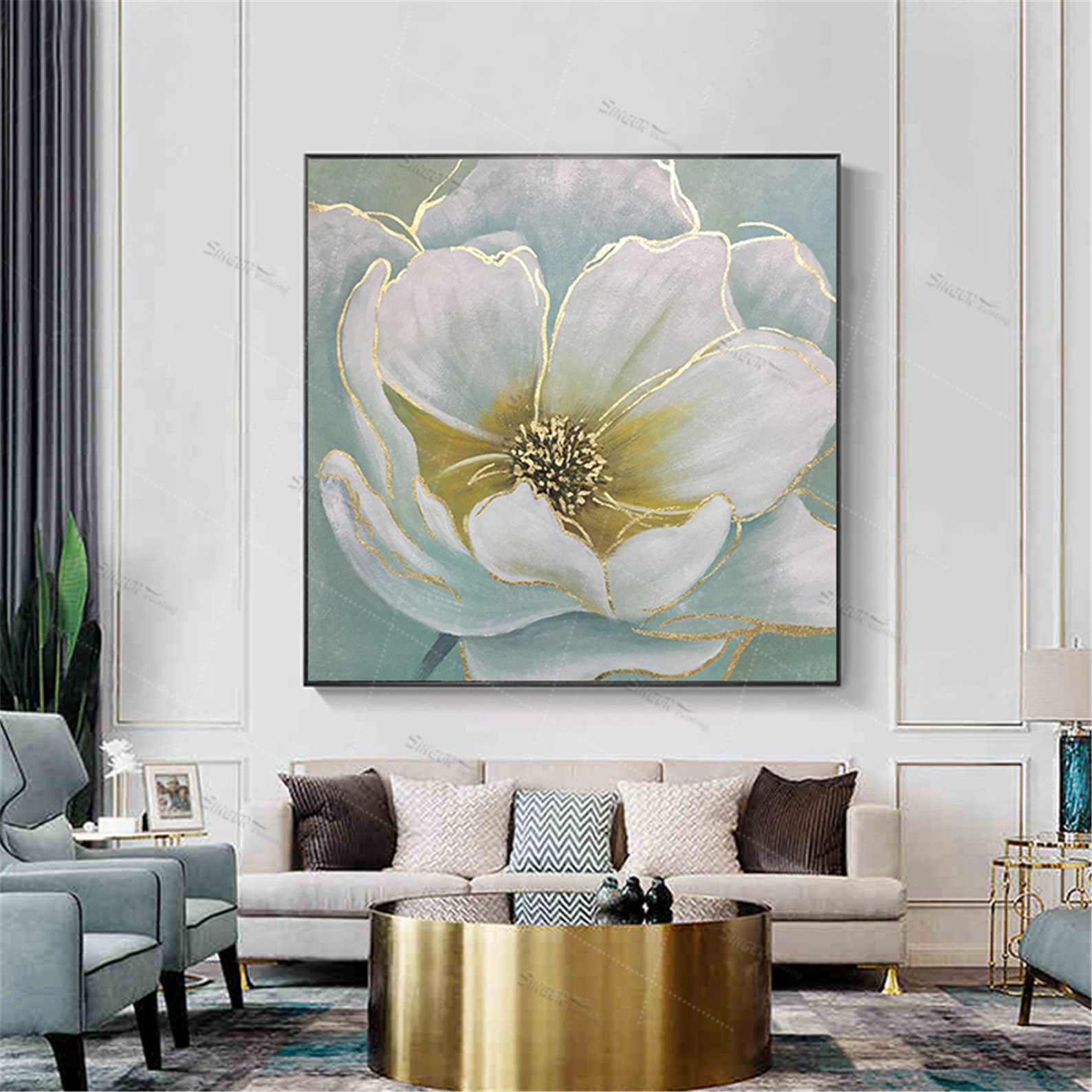 Abstract White Flower Painting Gold Leaf Canvas Wall Art for - Etsy