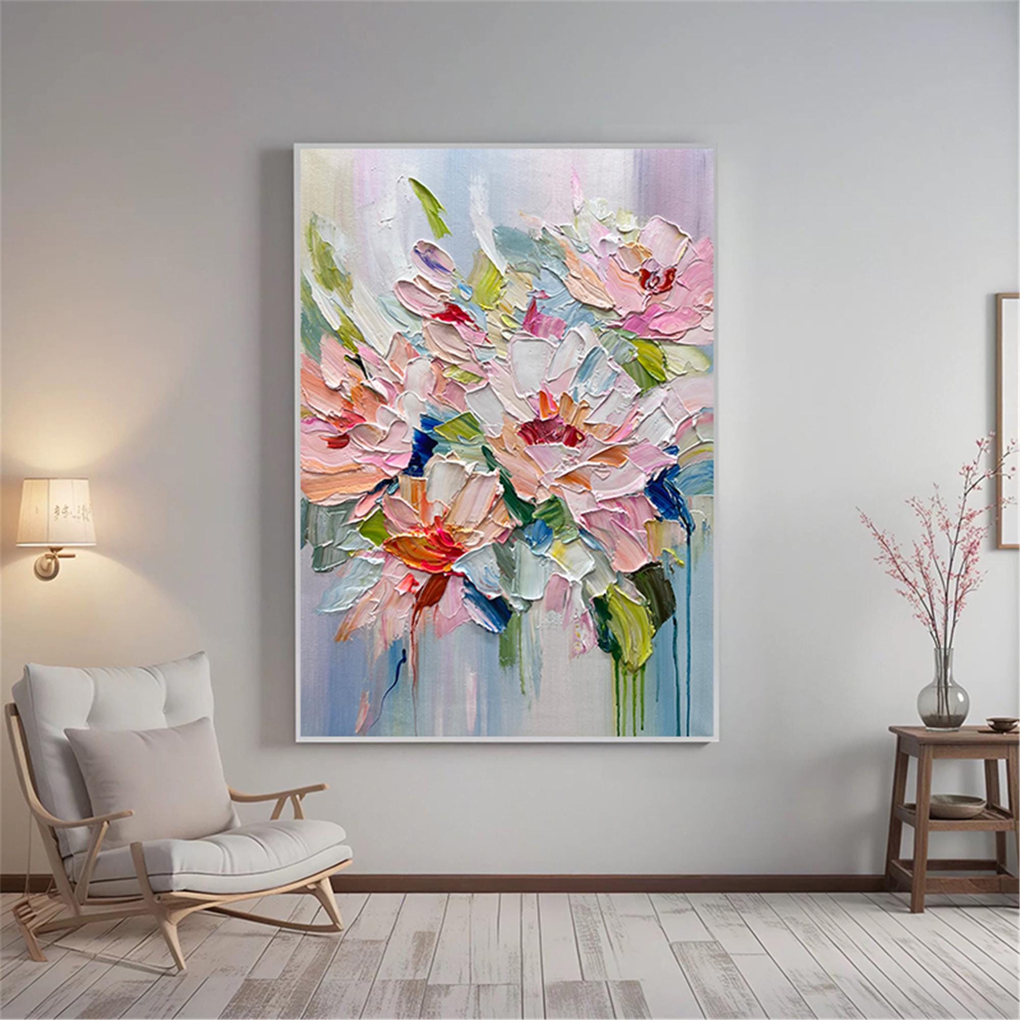 Original Textured Floral Painting,palette Knife Living Room Wall Art ...