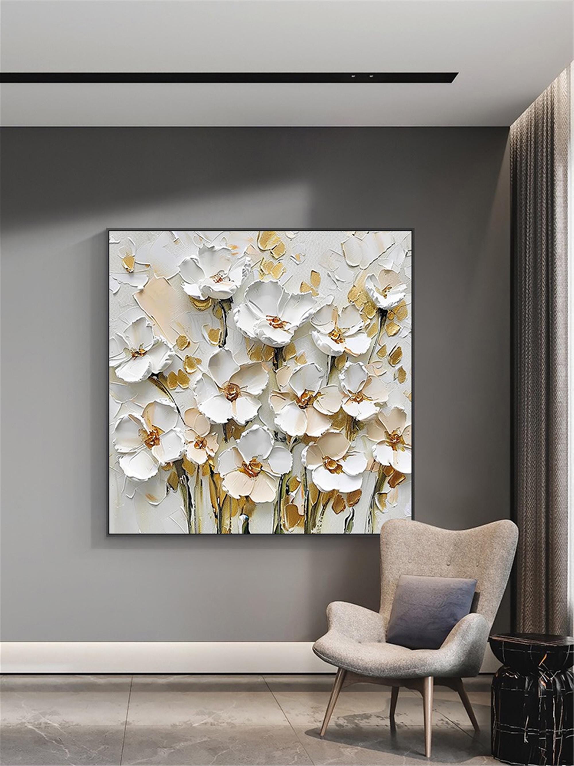 3D Painting on Canvas textured acrylic abstract painting,Gold Flower wall Art,Living Room home decor,,personalized gift,framed wall painting